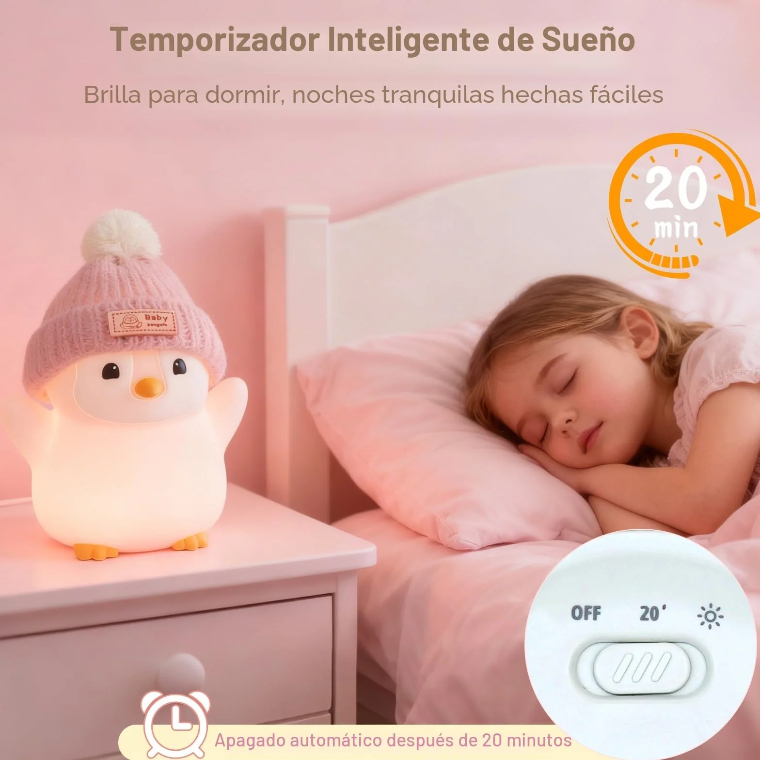 FAMIDUO Luz Nocturna Bebe Pingüino de Silicona con Control Táctil LED Recargable Temporizador 20 Minutos