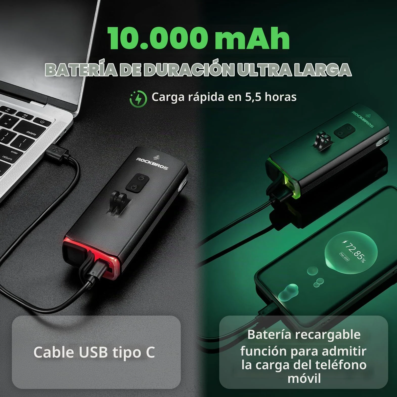 ROCKBROS Luz de Bicicleta Recargable USB, Faro Delantero Bicicleta 3000 Lúmenes Brillante LED con 6 Modos Fijos IPX6 Impermeable