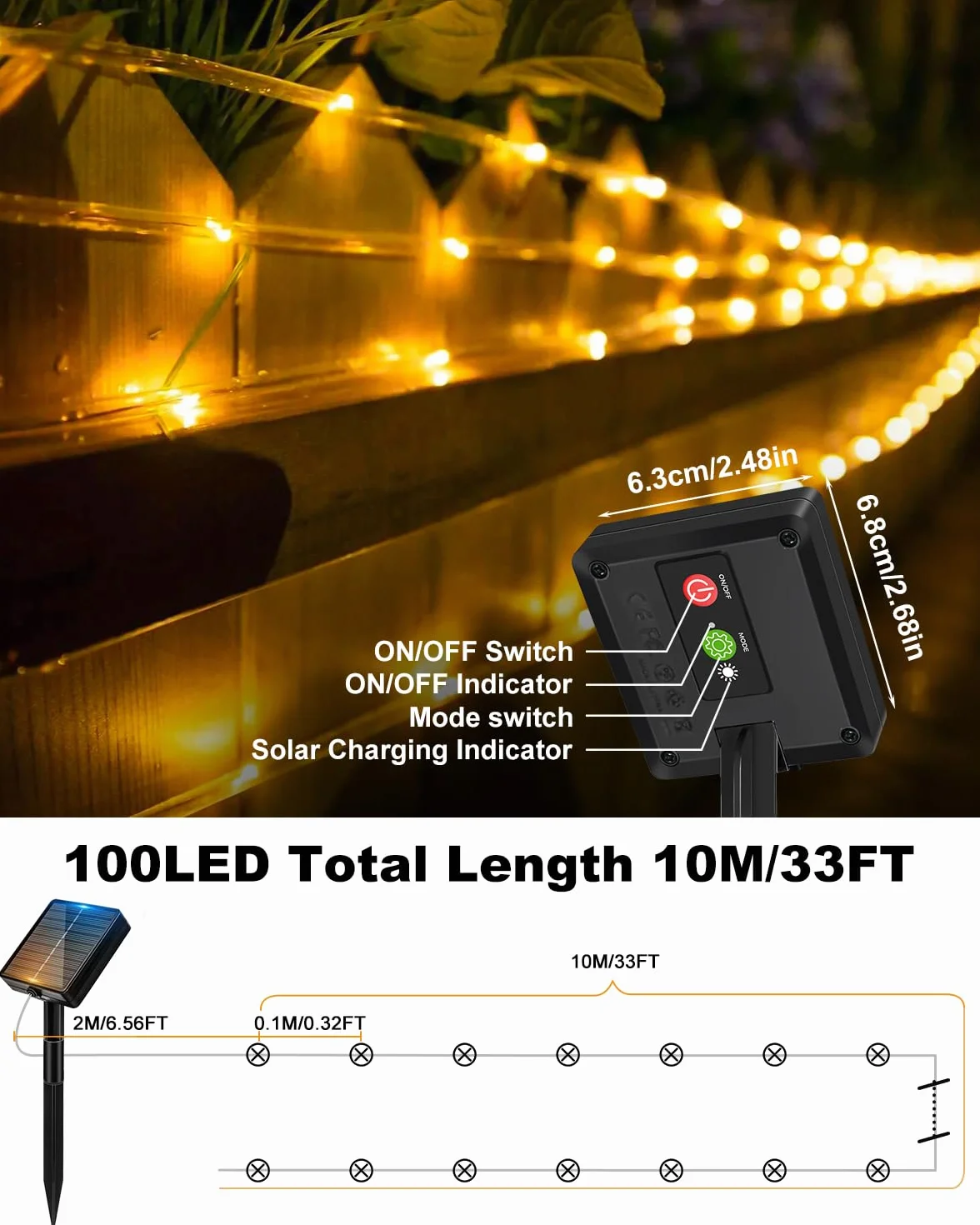 Btfarm Manguera de luces solares para exteriores 10 m 100 LED IP65 8 modos