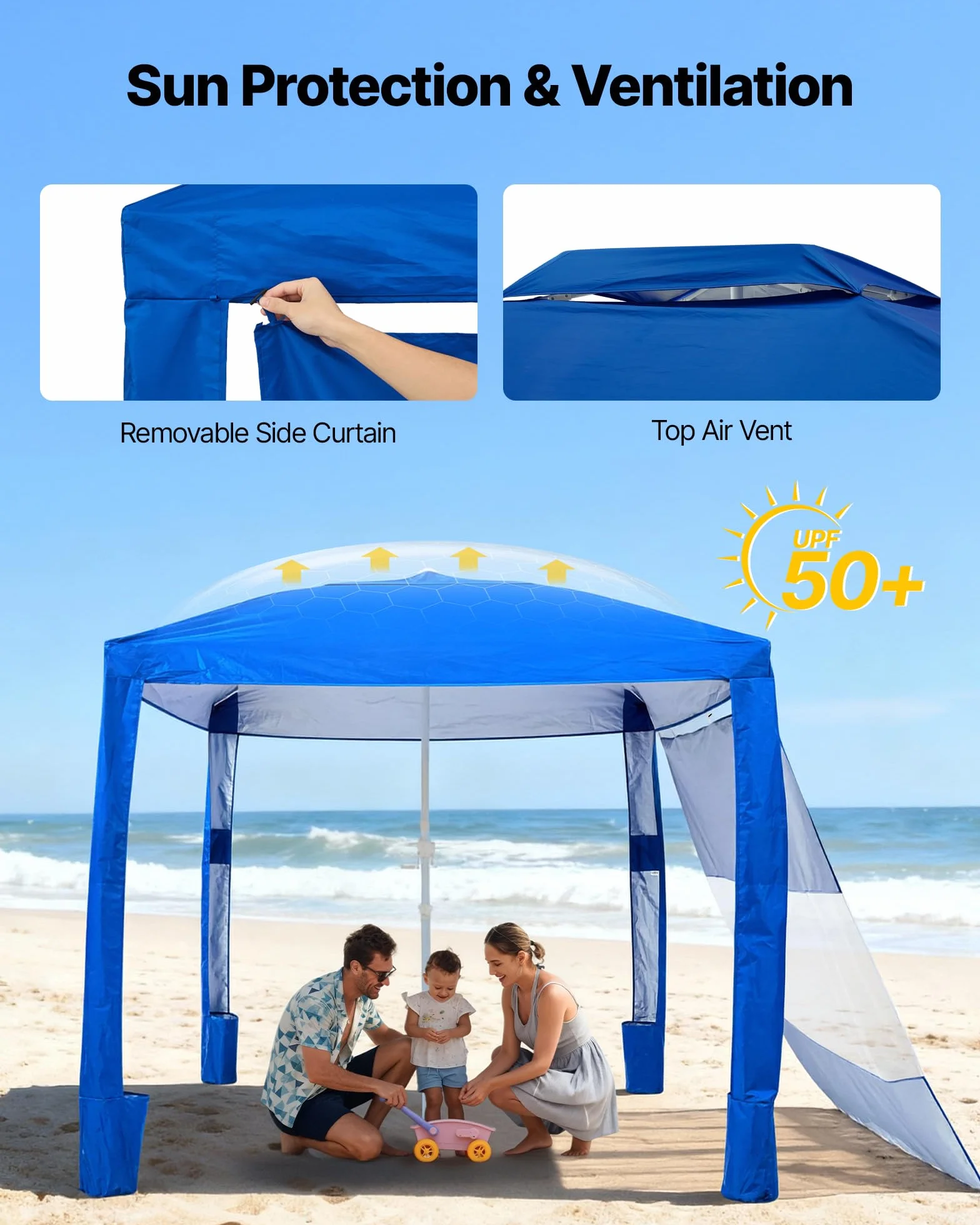 VEVOR Cabaña de Playa 2,4 x 2,4 m UPF 50+ Protección Solar con Pared Lateral Portátil