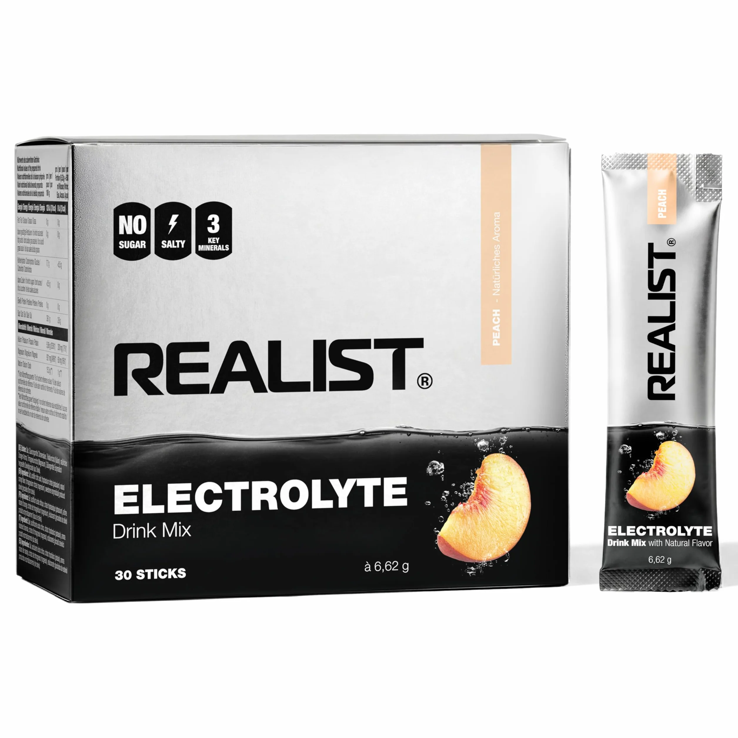REALIST Electrolitos sin azúcar 30 sticks 1000 mg sodio 330 mg potasio 60 mg magnesio melocotón