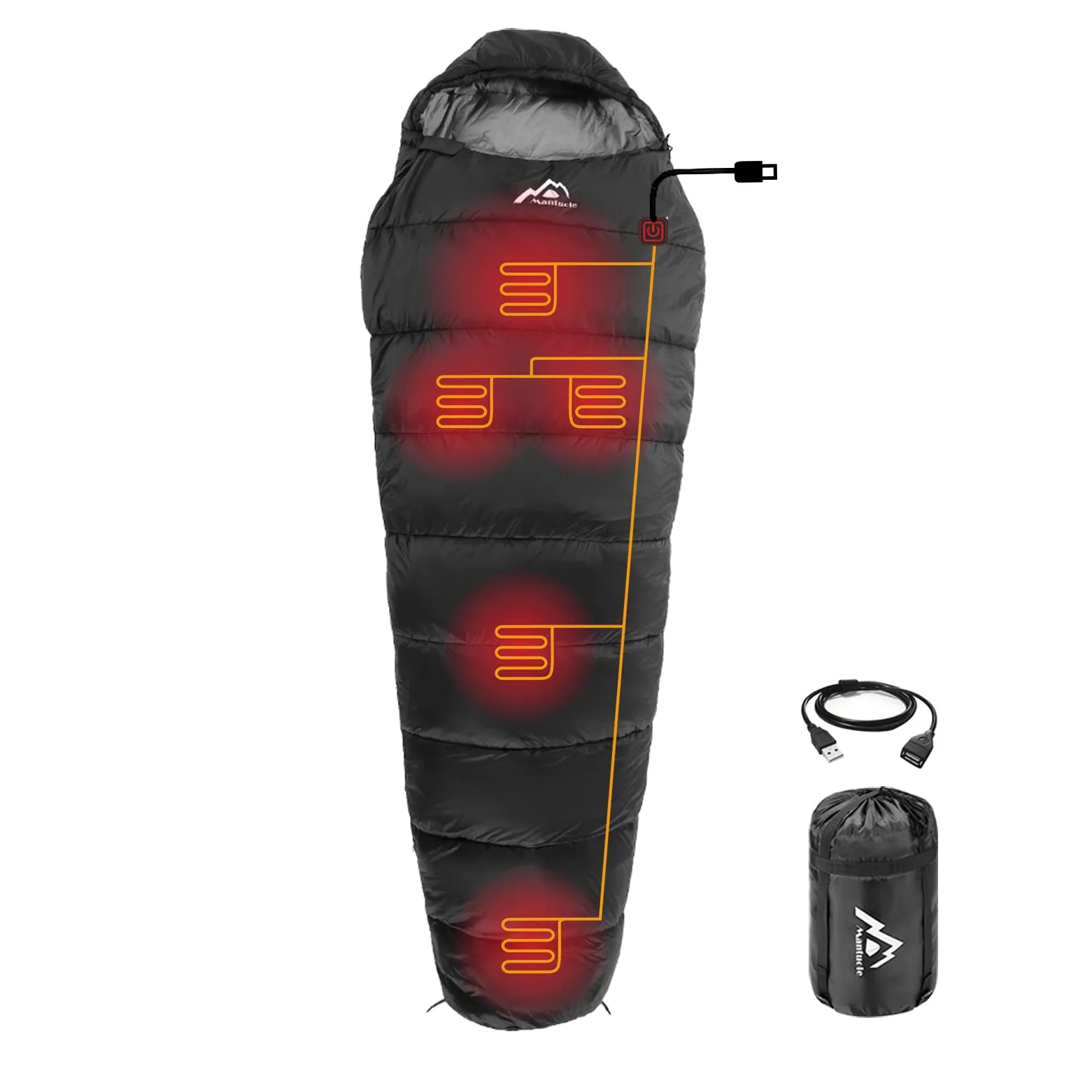 Saco de Dormir con calefacción, 5 Unidades de Almohadillas térmicas multiUSB, Funciona con batería Externa u Otras Fuentes de alimentación USB, Bolsa compacta portátil, Estilo Momia.