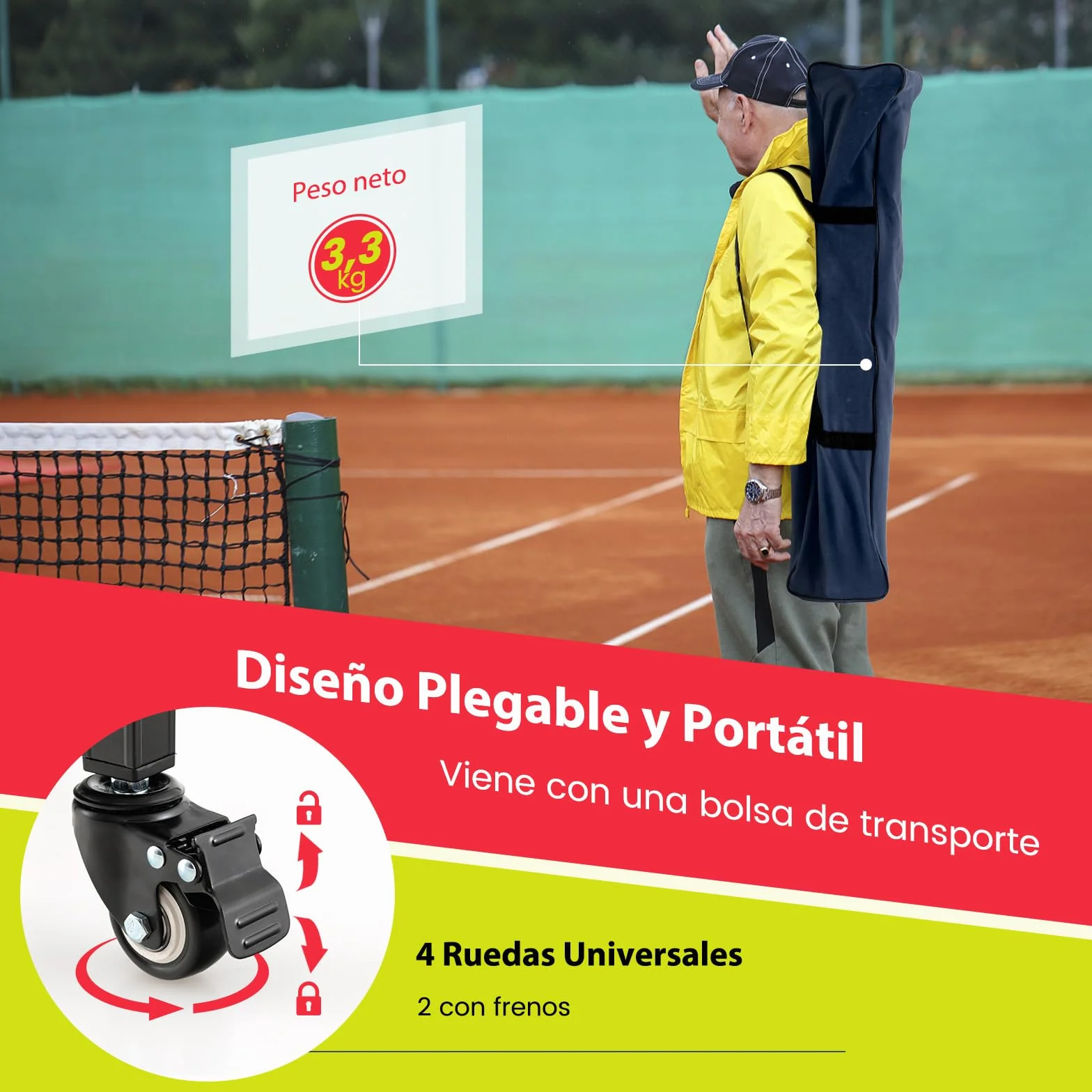 COSTWAY Carro Plegable para Pelotas de Teni, Carrito Recogepelotas, Cesta Ligera de Aluminio con Ruedas para Pelotas de Tenis, Bolsillos Laterales/Bolsa de Transporte,150 Pelotas