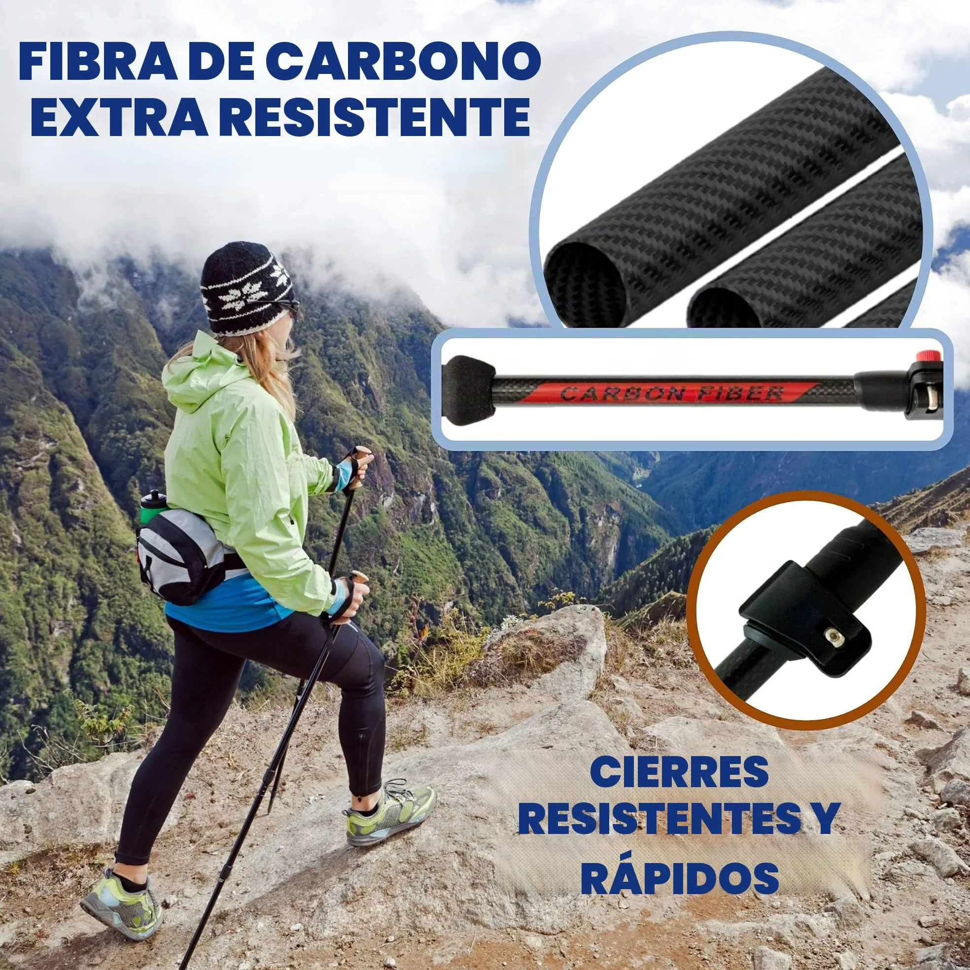 Bastones de Trekking telescópicos de Fibra de Carbono AltaiTrek PRO con Sistema de Bloqueo rápido, ultraligeros para Senderismo, montaña, Camping. Mango de Corcho Natural. Par