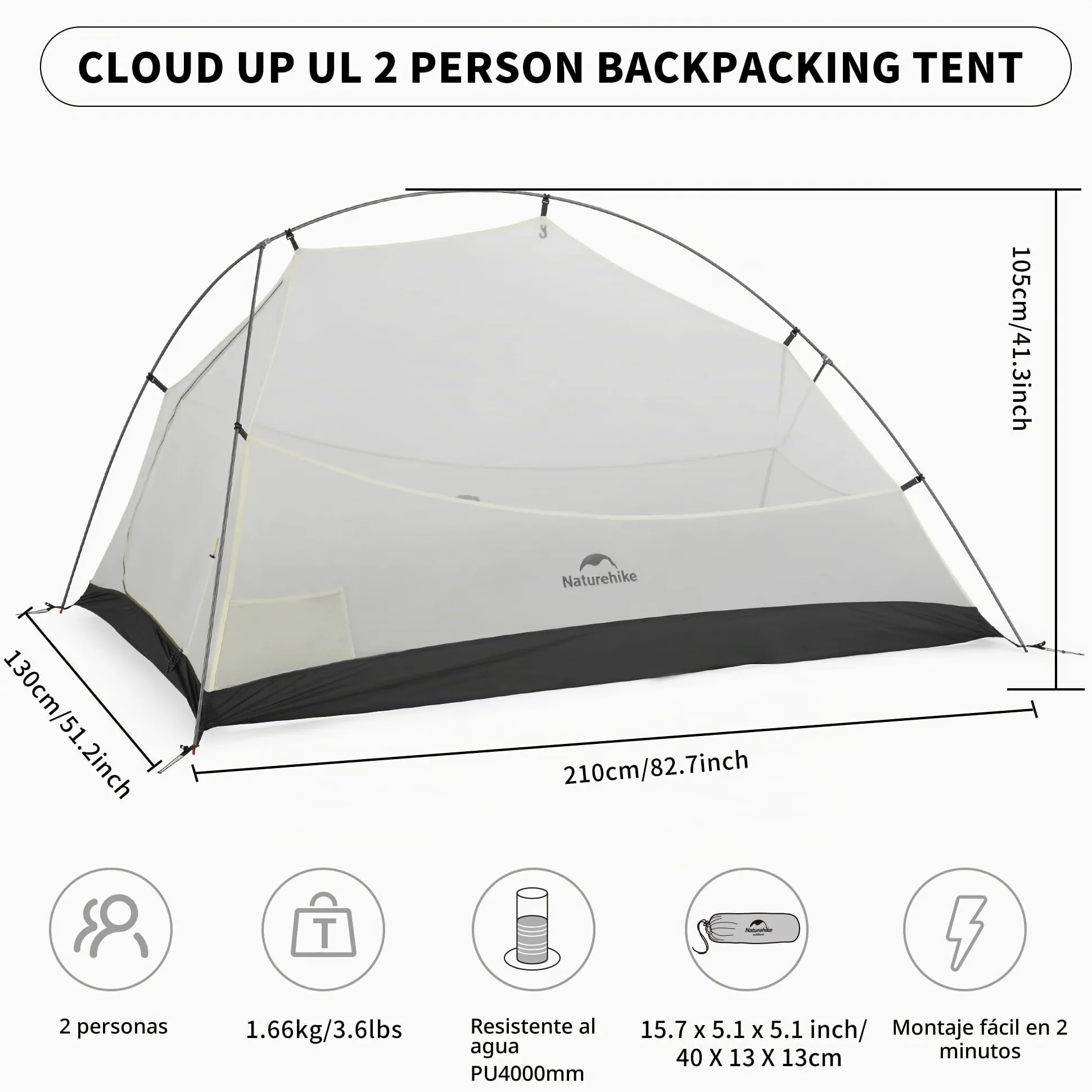 Naturehike Cloud Up UL Tienda De Campaña para 1/2 Personas Compacta Ultraligera de Doble Capa Impermeable Cortaviento para Senderismo al Aire Libre Festivales