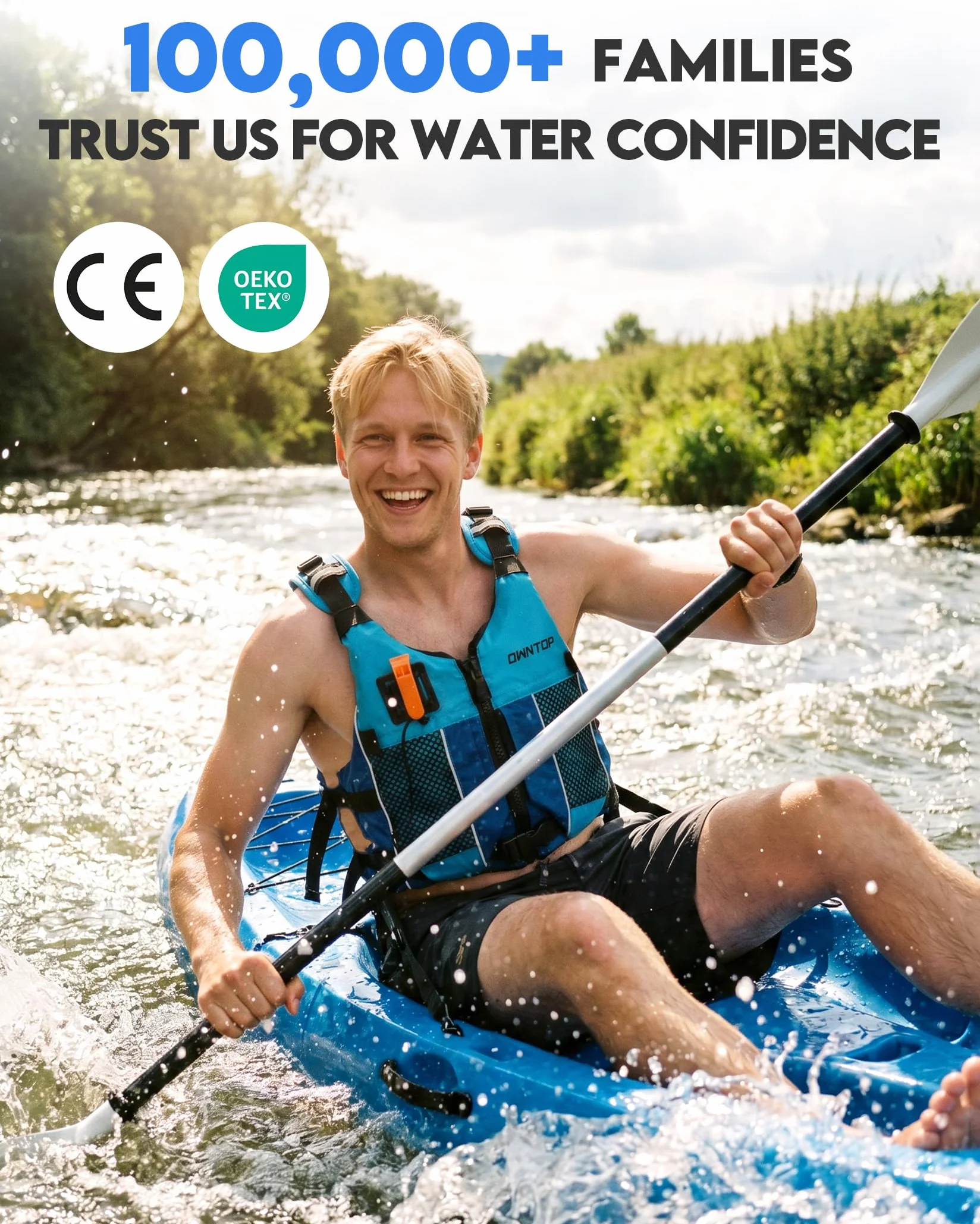 Owntop Chaleco de Ayuda a la Flotabilidad para Adultos y Adolescentes con Mochila de Hidratación, Silbato y Bolsillos