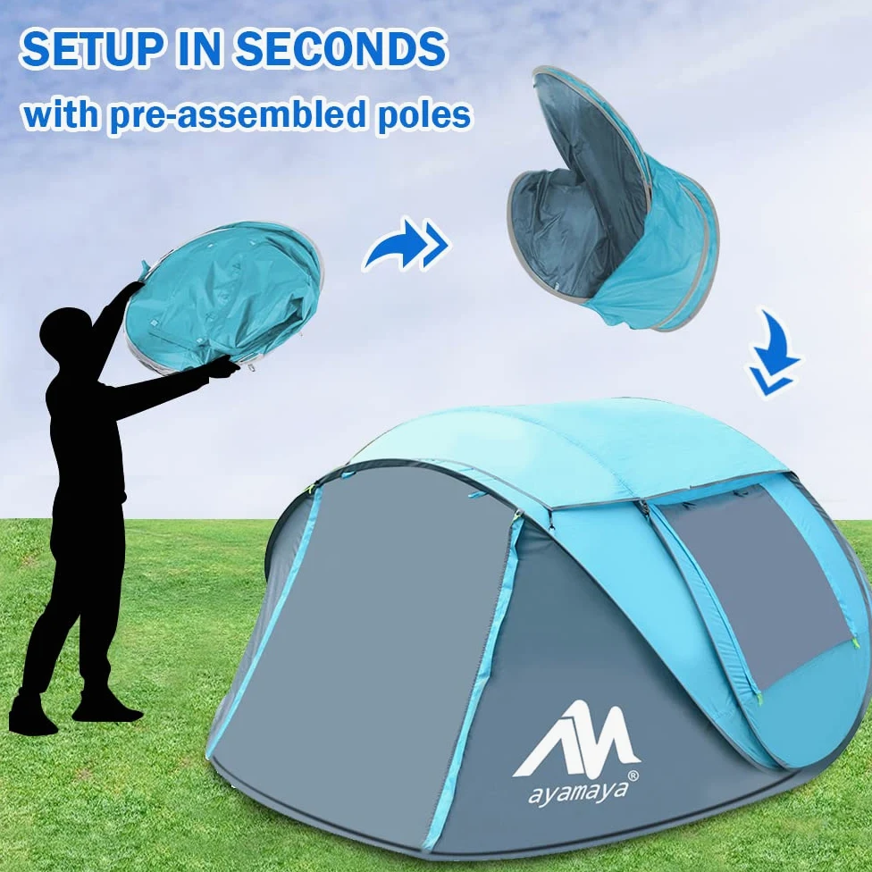 AYAMAYA - Tienda de campaña desplegable para 4 personas, impermeable, instantánea, con tragaluz y mosca extraíble, tamaño grande mejorado con 2 puertas, tienda de playa automática de fácil instalación