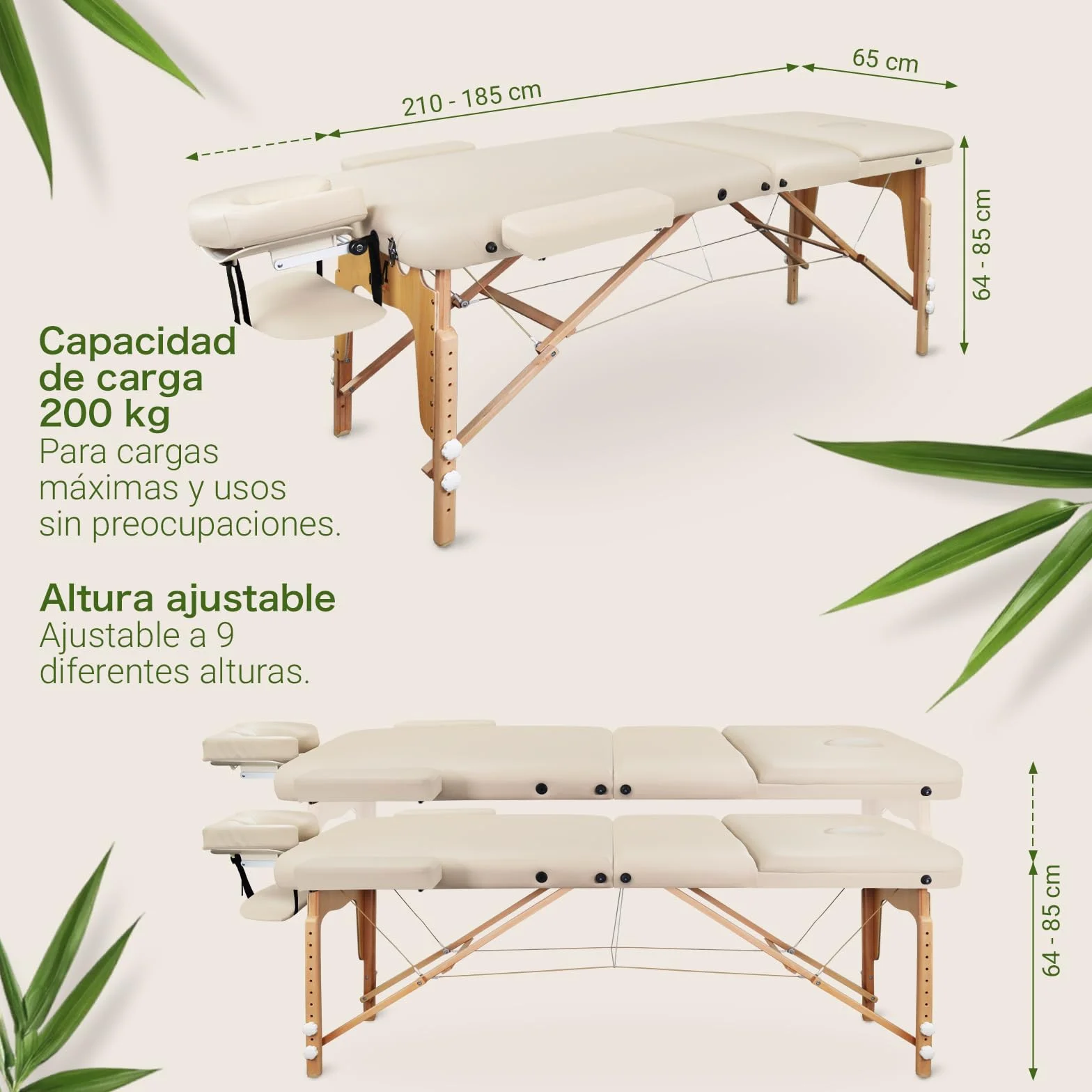 MASSUNDA Tumbona de Masaje Plegable Madera Maciza Altura Regulable Mesa Cosmética Móvil Funda Rizo Reposabrazos Respaldo Cojín Cervical