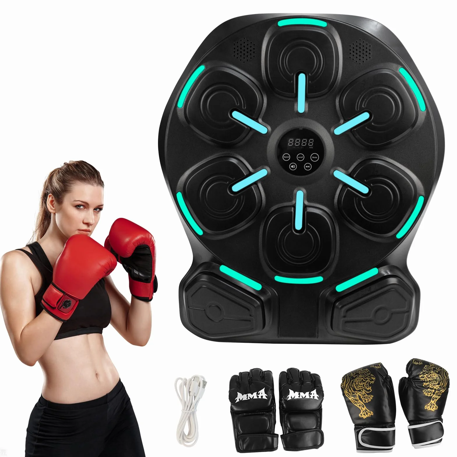 Máquina de Boxeo Musical con Bluetooth, 8 Puntos de Golpeo, 9 Modos de Entrenamiento, 2 Guantes