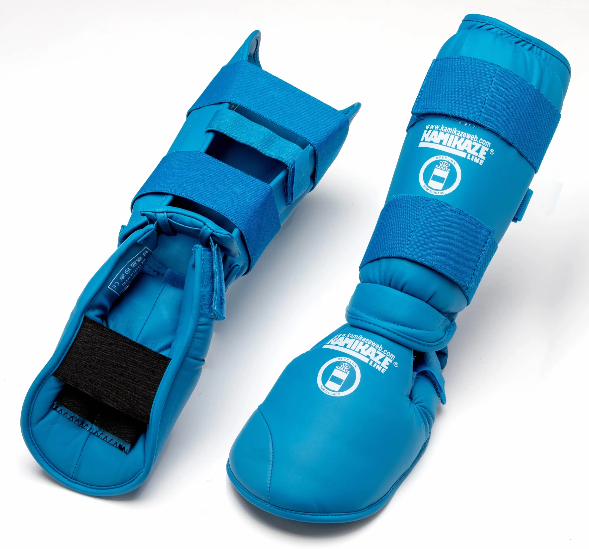 Espinilleras y Protectores de pie KAMIKAZE para Karate, homologadas RFEK Real Federación Española de Karate (Azul, S)