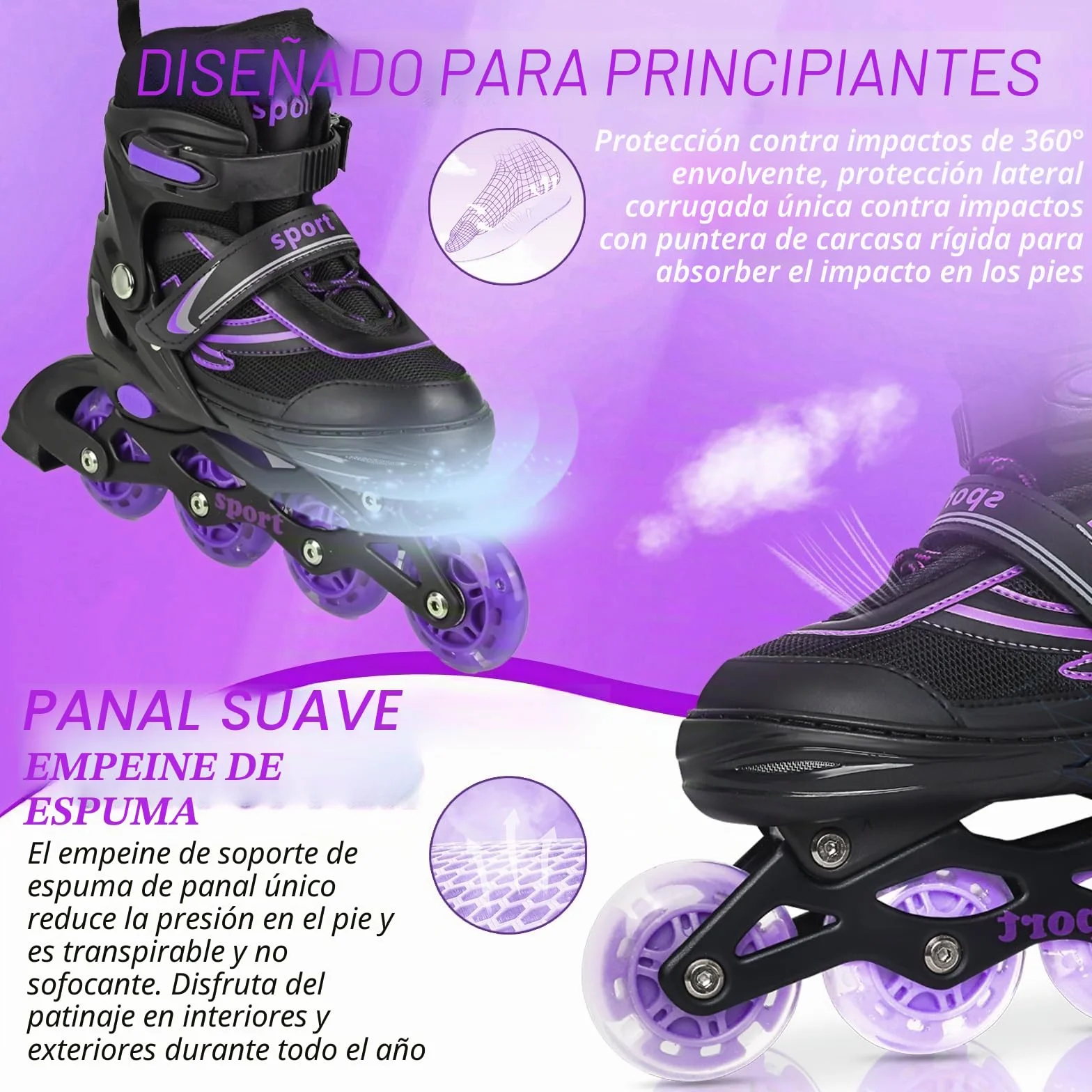 Patines en línea Ajustables para niños Principiantes, Patines de Ruedas Violeta y Azul