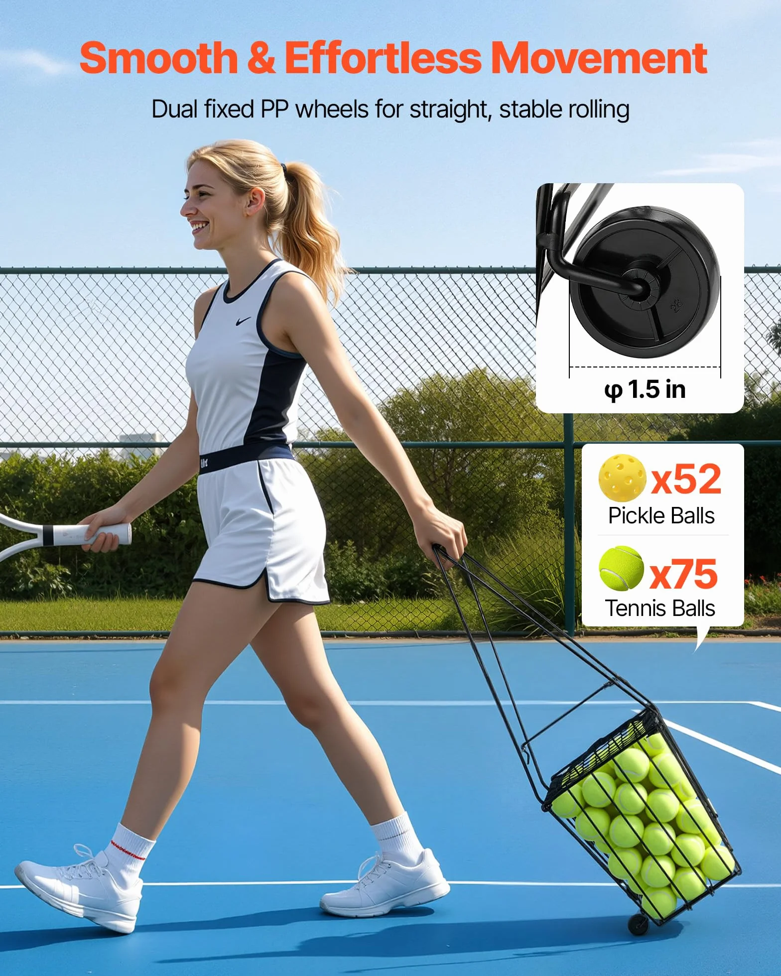 VEVOR Recogepelotas de Tenis con Ruedas y Mango, Capacidad para 75 Pelotas o 52 Pickleball, Cesta Portátil de Tenis con Soporte, Altura Ergonómica, Carro de Acero para Entrenamiento y Almacenamiento