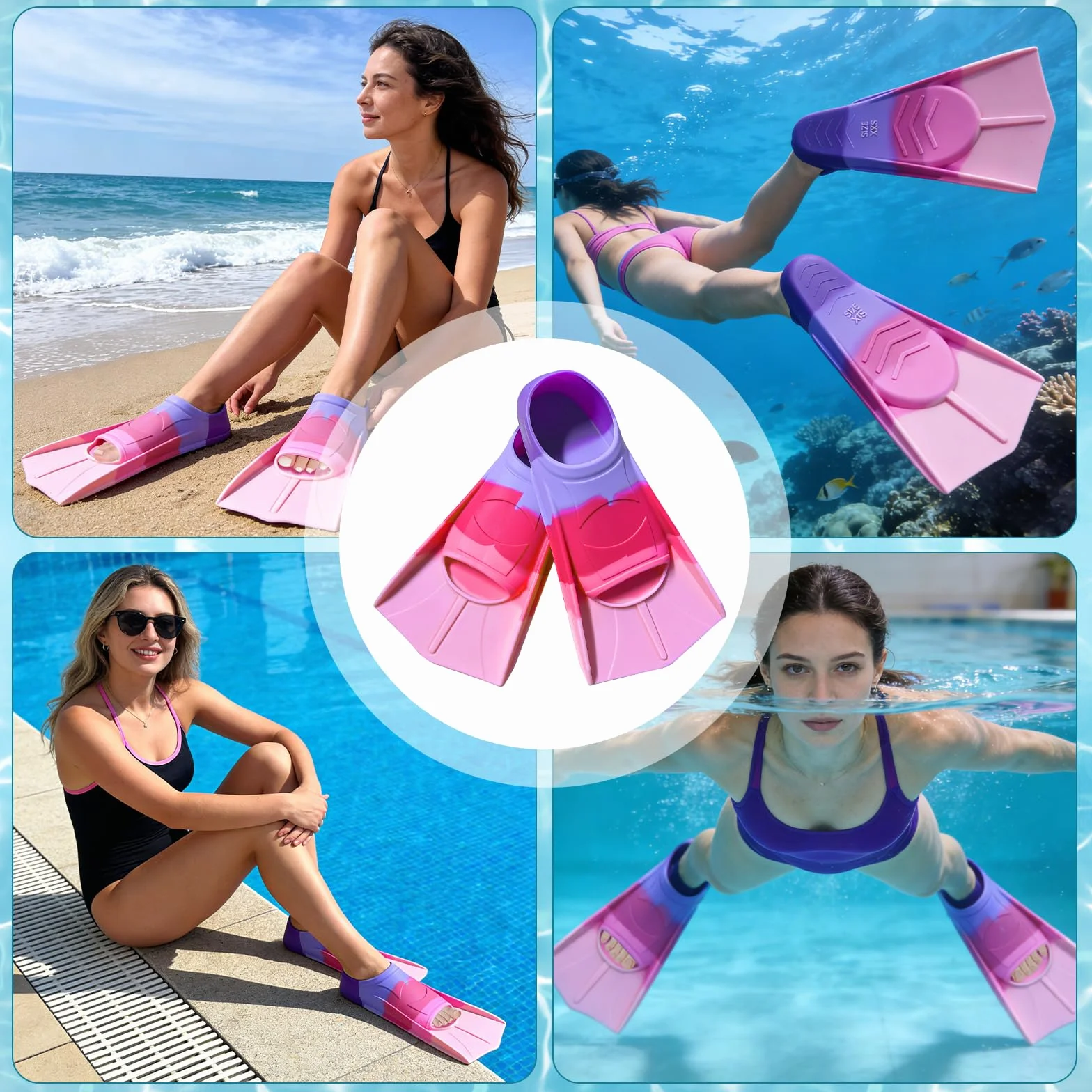 Aletas de natación, aletas cortas de silicona, aletas de buceo, aletas de arco iris, aletas cortas de entrenamiento, aletas cortas para entrenamiento de natación, esnórquel, buceo para principiantes