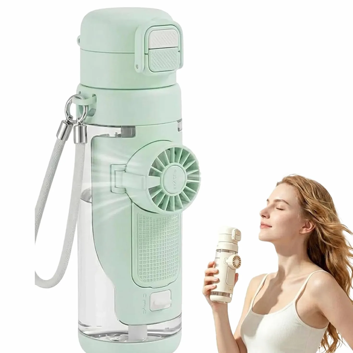 Botella de agua 2 en 1 con ventilador plegable integrado, botella de agua de refrigeración portátil de 690 ml con ventilador de 3 velocidades, popote a prueba de fugas y tapa de boquilla para viajes
