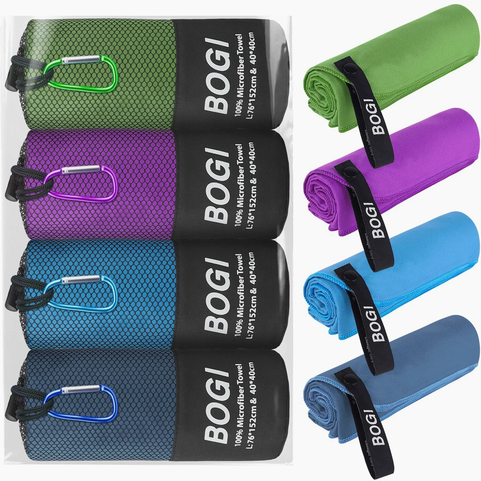 BOGI Paquete de 4 (8 piezas) de toallas deportivas de microfibra de secado rápido, toalla de camping de microfibra suave y ligera, toalla de viaje compacta para camping, gimnasio, playa, baño, yoga,