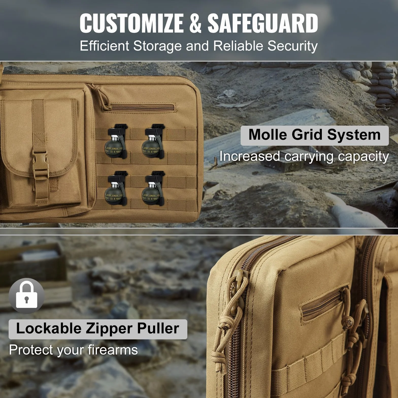 VEVOR Estuche para Rifle Bolsa Táctica Larga para Transporte de Armas 107cm con Sistema MOLLE Funda para Rifle con Correa para Hombro Cremallera con Cerradura para 2 Rifles 102cm y 2 Pistolas, Marrón