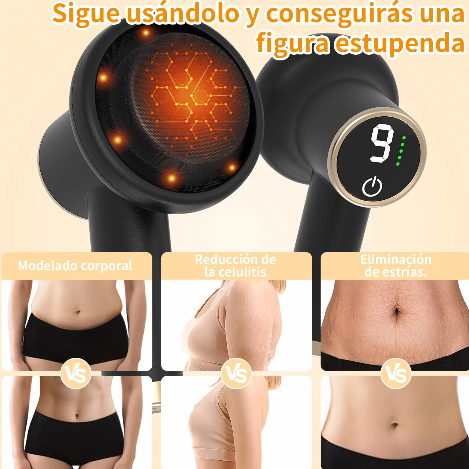 Masajeador Reductor y Anticelulítico Eléctrico, 9 Velocidades, Batería Larga Duración, 8 Cabezales, Negro