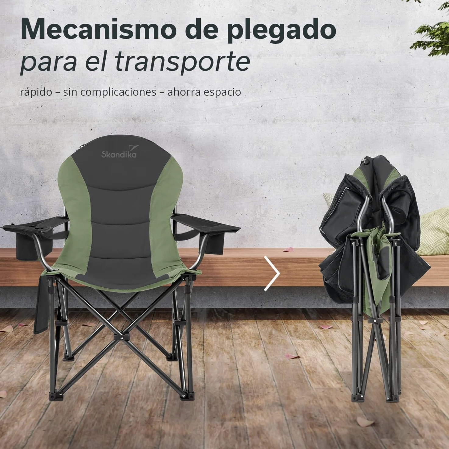 skandika Relax Comfort Silla de Camping - cómoda, Plegable y con portabebidas - máx. Peso Usuario de 150 kg - Bolsa de Transporte (Verde/Gris)