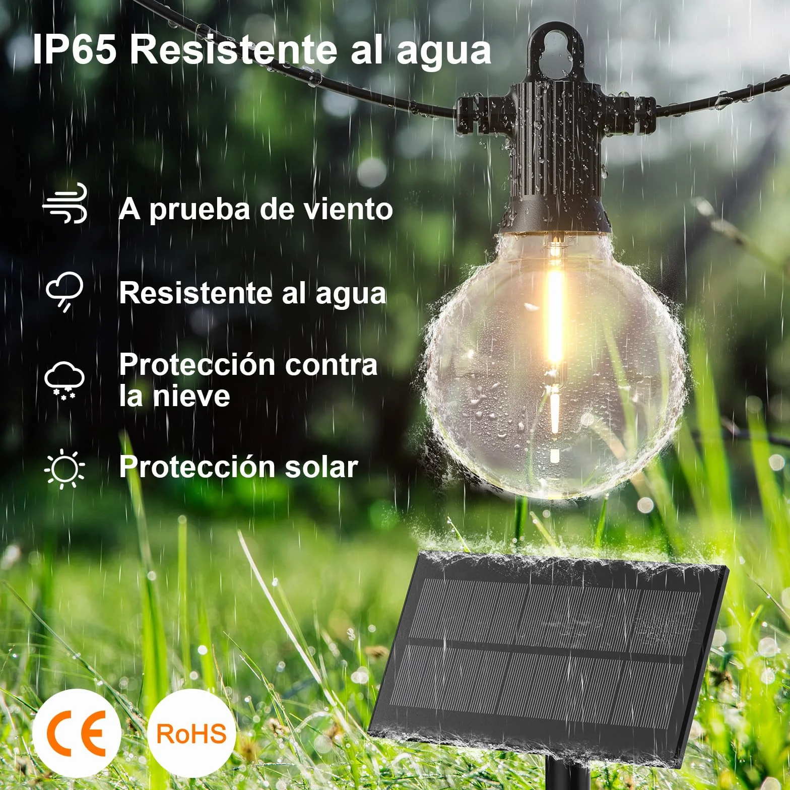 Kawaya Guirnaldas Luces Exterior Solar 10M Cadena LED USB Recargable 15+1 Bombillas G40 Blanca Cálida