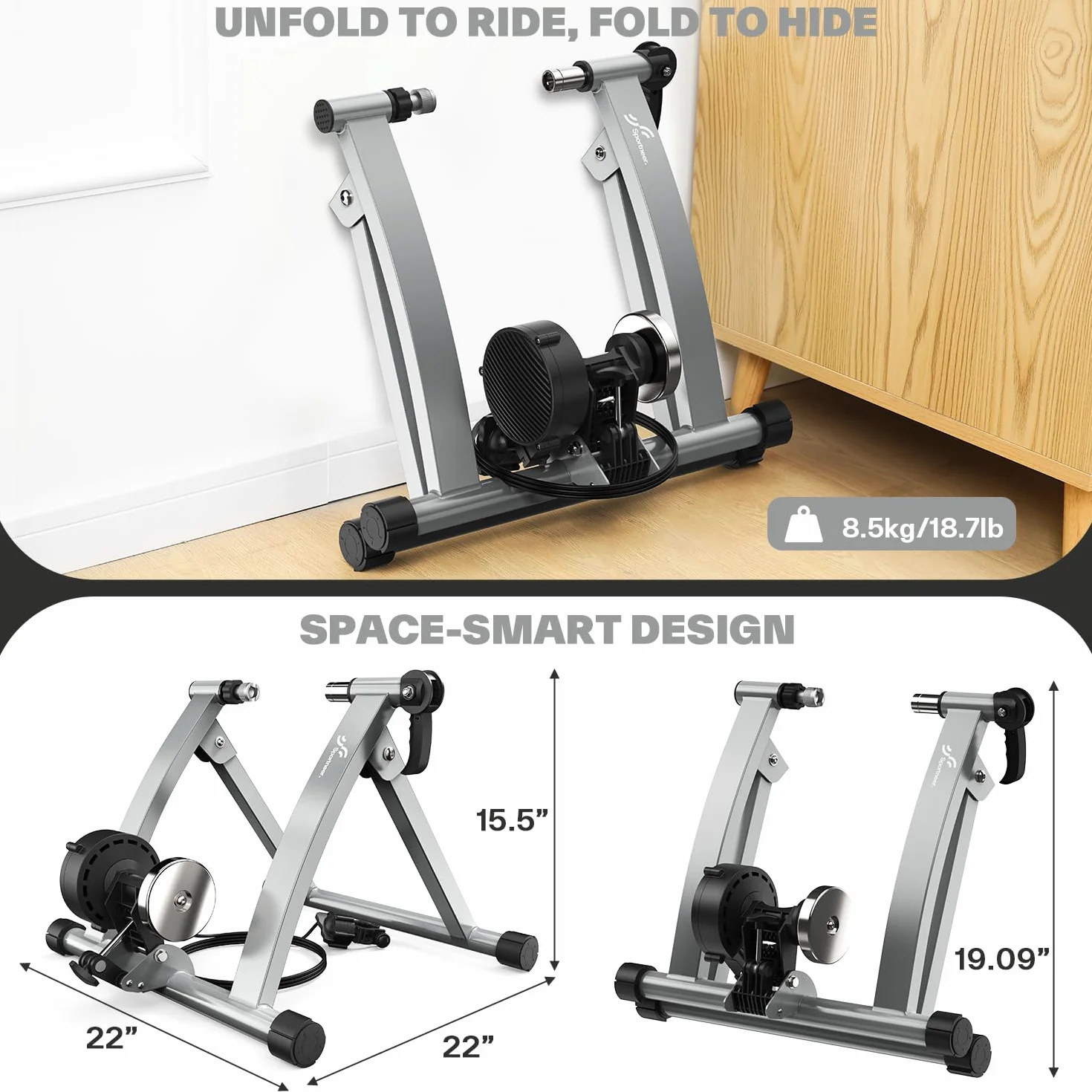 Sportneer Turbo Trainer - Entrenador de bicicleta con 6 ajustes de resistencia para interior, soporte magnético de acero para ejercicio de bicicleta con rueda de reducción de ruido para entrenador de
