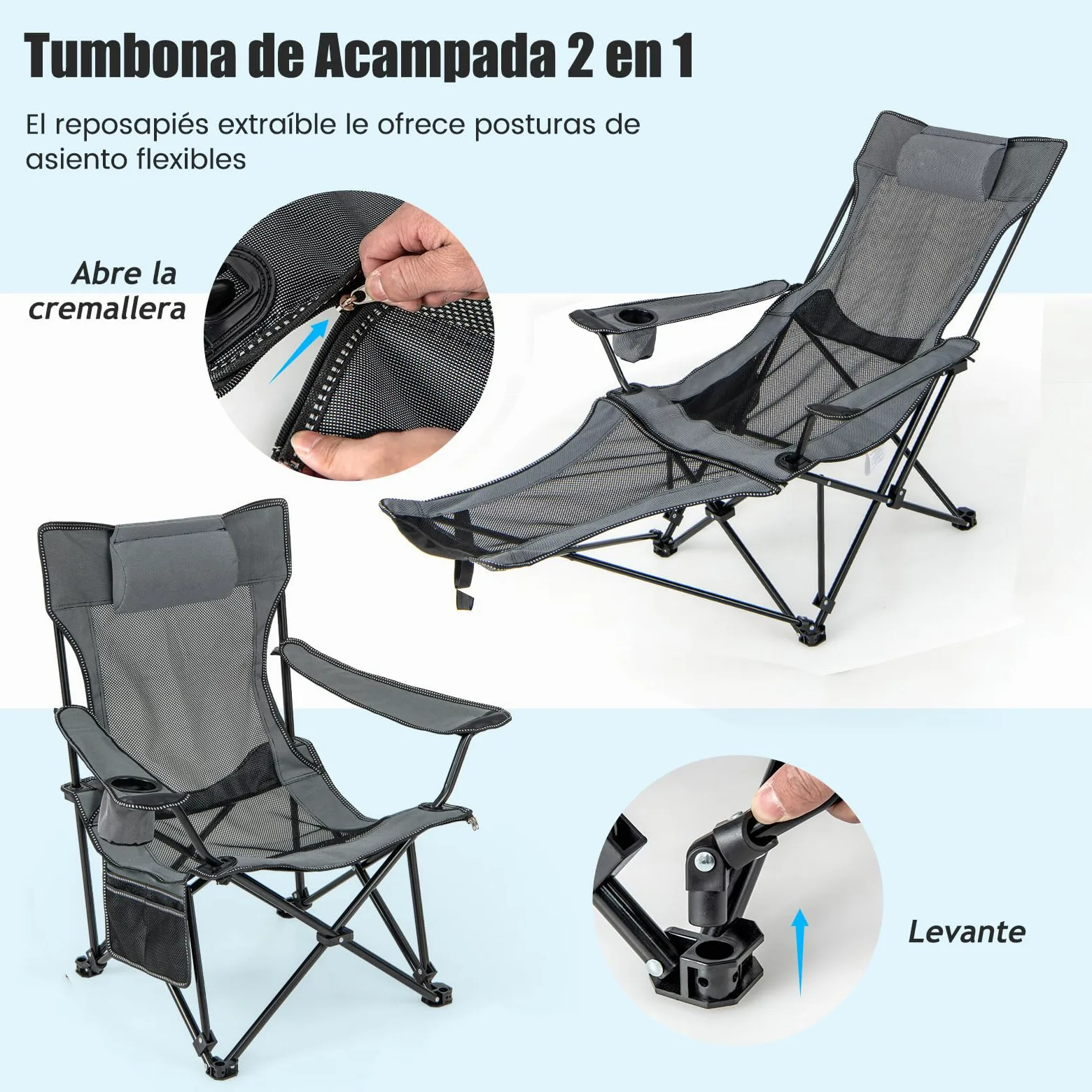 COSTWAY Silla Plegable Camping, Silla de Acampada Portátil 2 en 1, Reposapiés Desmontable, Respaldo Ajustable, Portavasos y Reposacabezas, Bolsa De Almacenamiento, Silla Camping Pesca, Picnics (Gris)