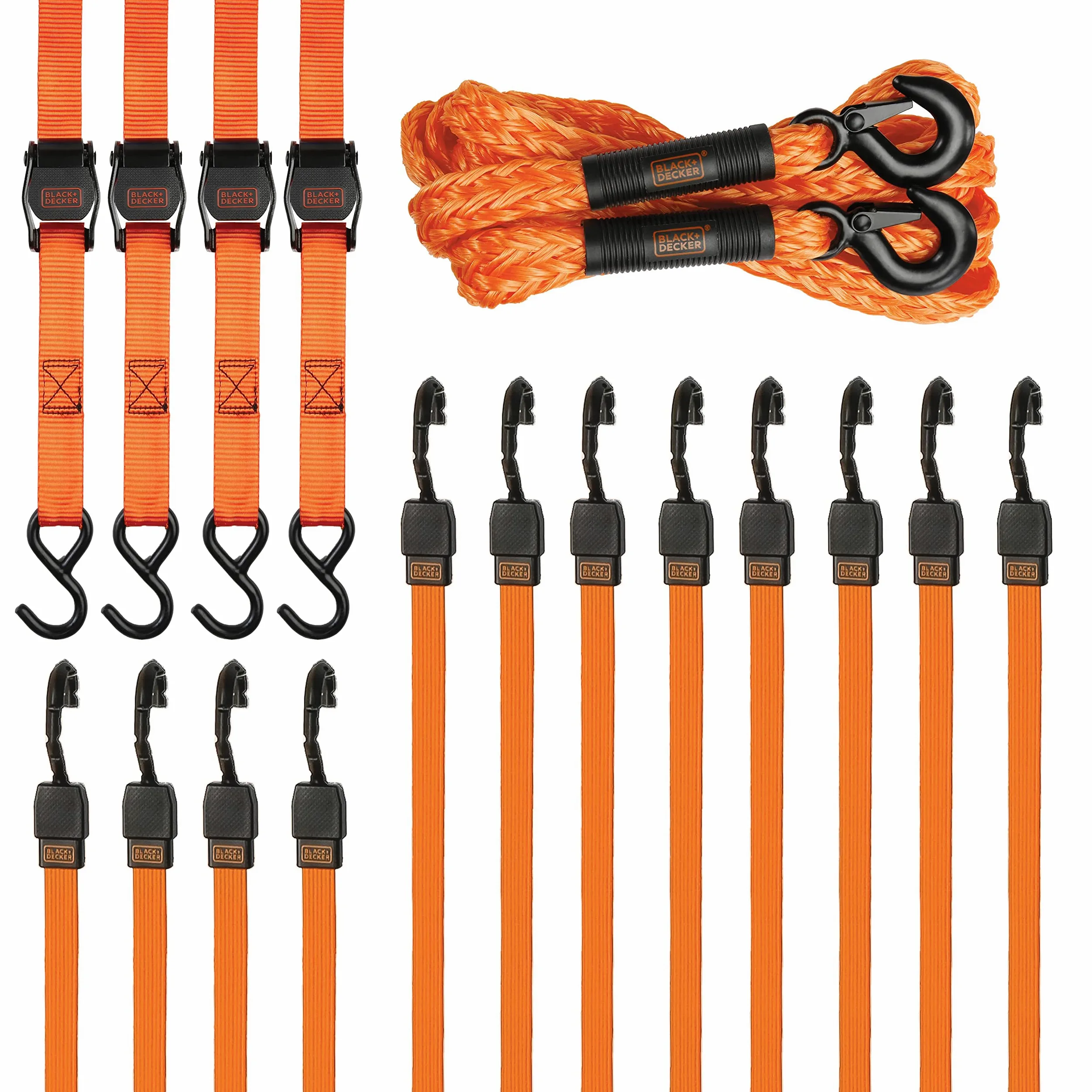 BLACK+DECKER BDX1017 - Kit de amarre de 17 piezas con cuerda de remolque de 14 pies, correas de hebilla de leva de lujo de 1 pulgada x 10 pies y cuerdas elásticas de correa plana de 24 y 36 pulgadas