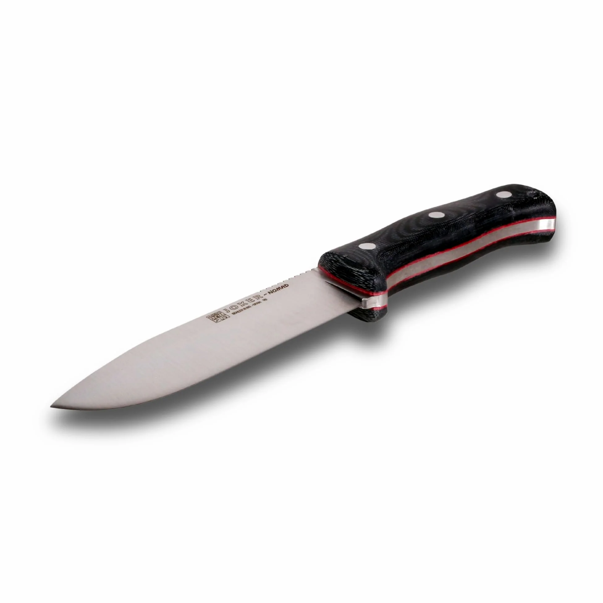 Joker Cuchillo Bushcraft Nomad CM125-P, hoja de 12,7 cm, mango micarta canvas, funda piel de color negro con pedernal, Herramienta de pesca, caza, camping y senderismo