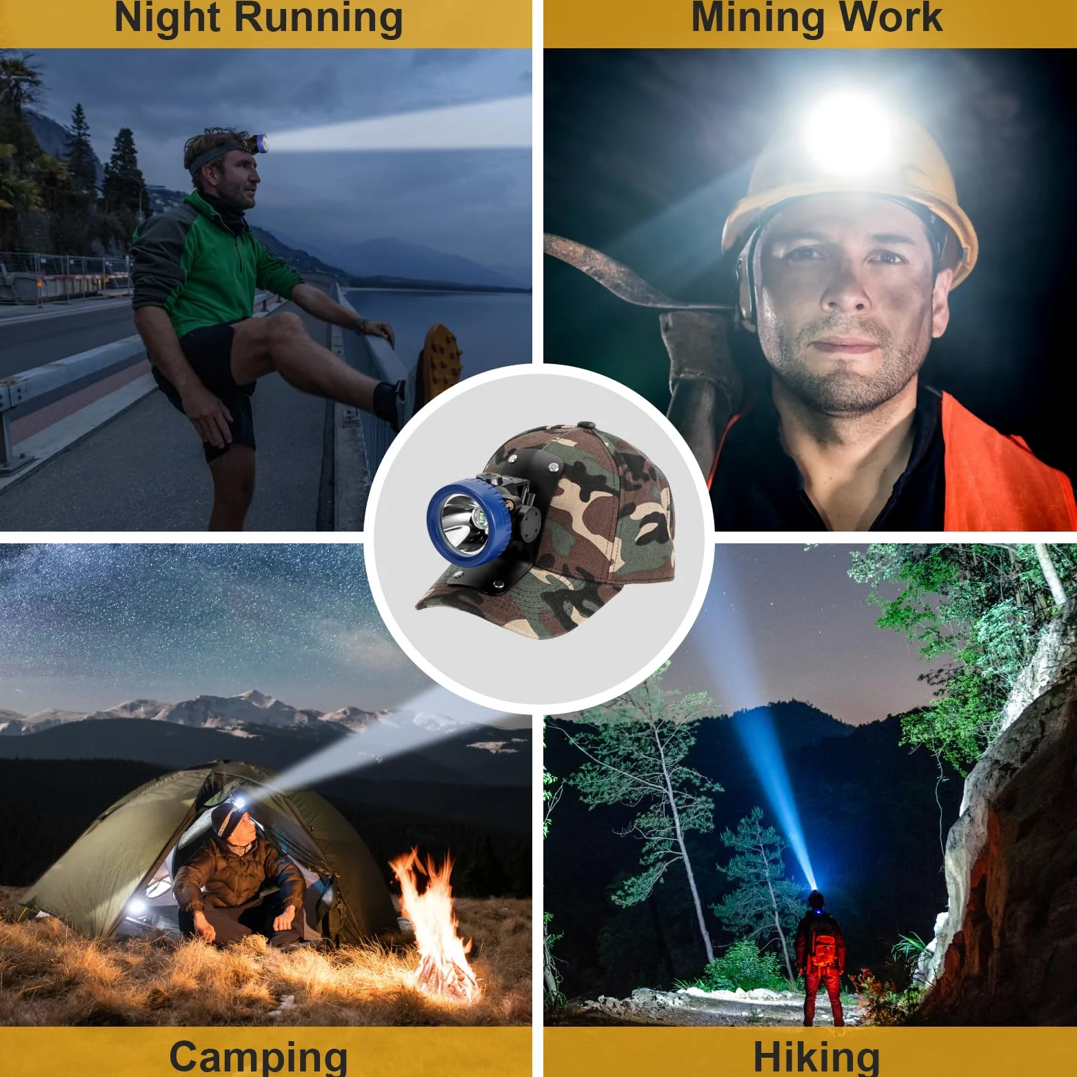 Lokilo Linterna frontal LED ultrabrillante, recargable, impermeable, luz blanca, tapa de minero de camuflaje incluida, luz minera duradera para trabajo subterráneo y aventuras al aire libre (azul)