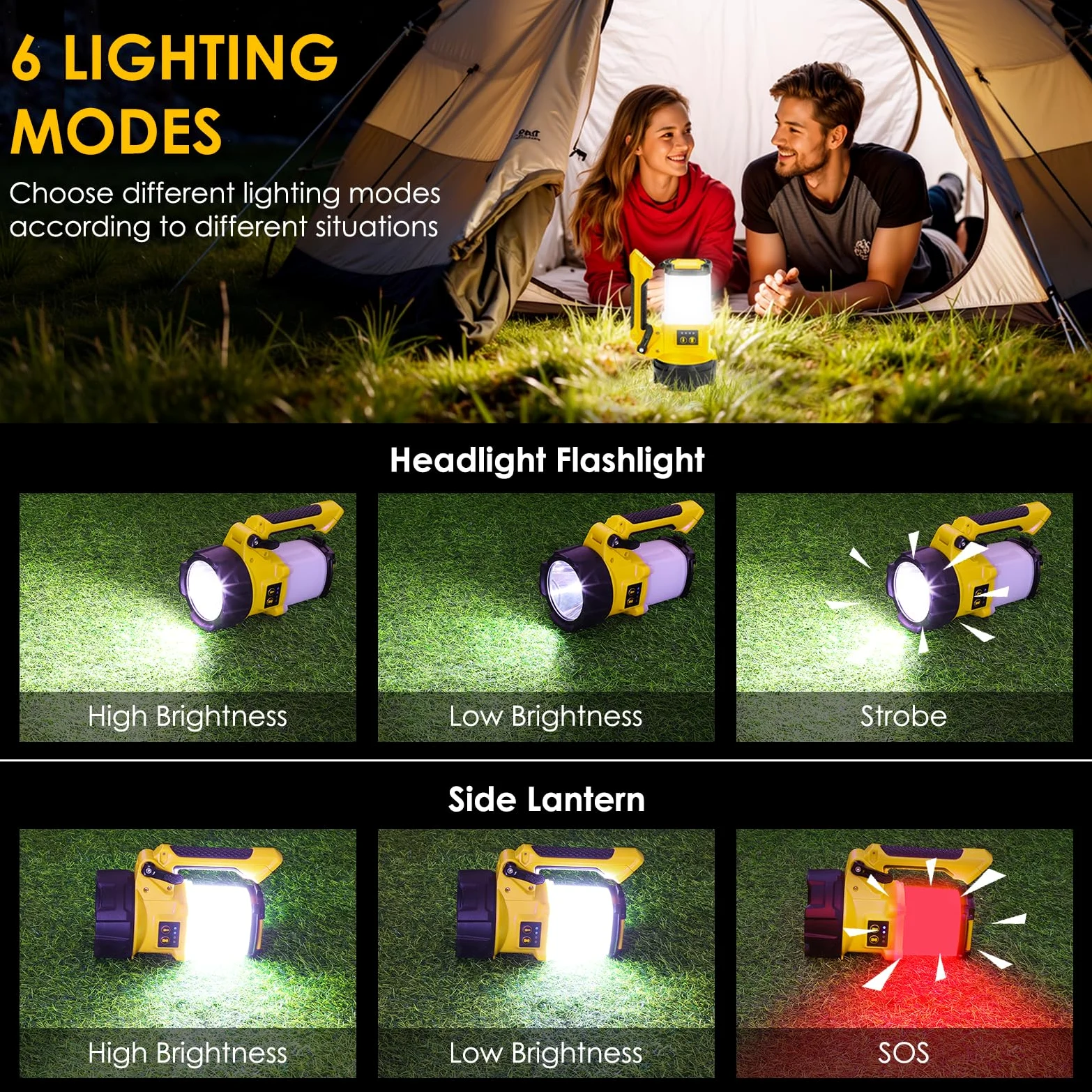 BOBKID - Linterna de camping recargable, 6 modos, linterna LED de mano con 2000 lúmenes, banco de energía de 4400 mAh, reflector impermeable IPX4, luz de trabajo para kits de supervivencia de