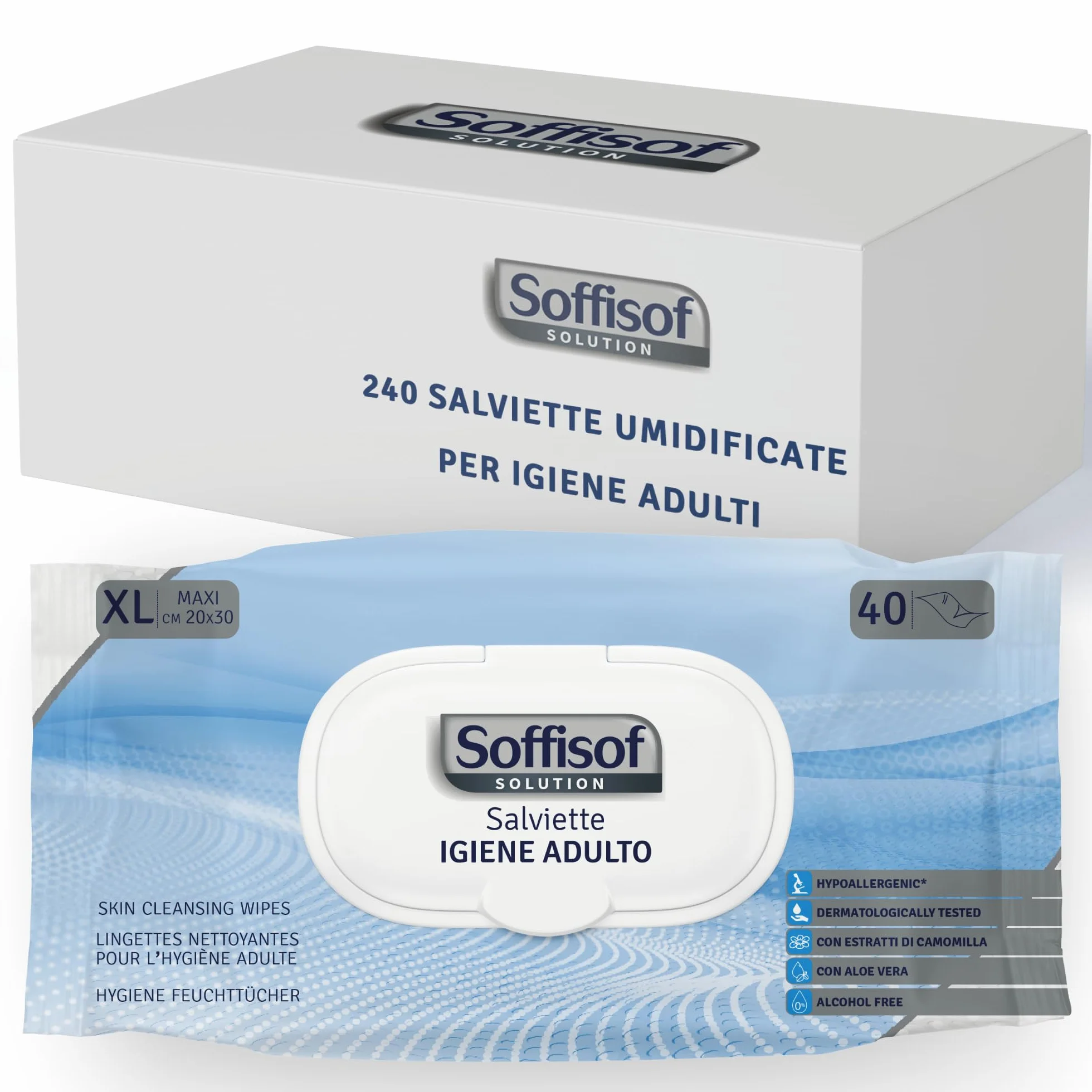 Soffisof Toallitas Húmedas Adultos XL 20x30 cm 240 Unidades - Higiene Corporal Sin Aclarado para Piel Sensible