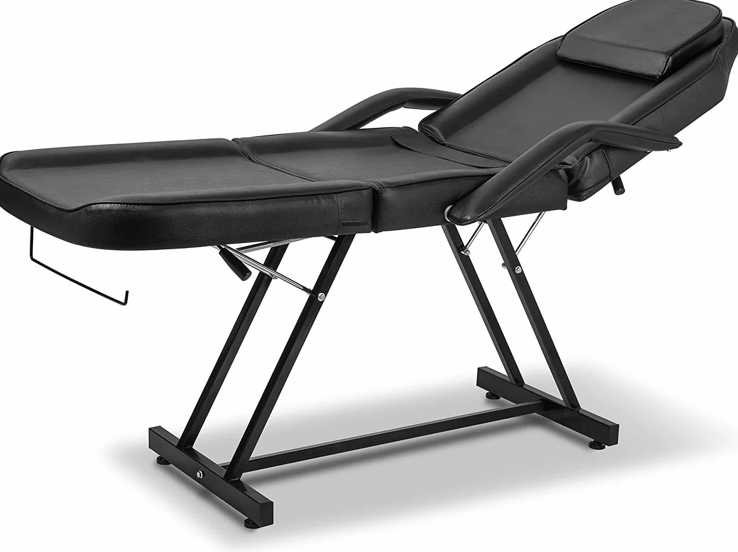 Camilla de Masaje Ajustable Plegable de Cuero PU con Taburete (Negro)