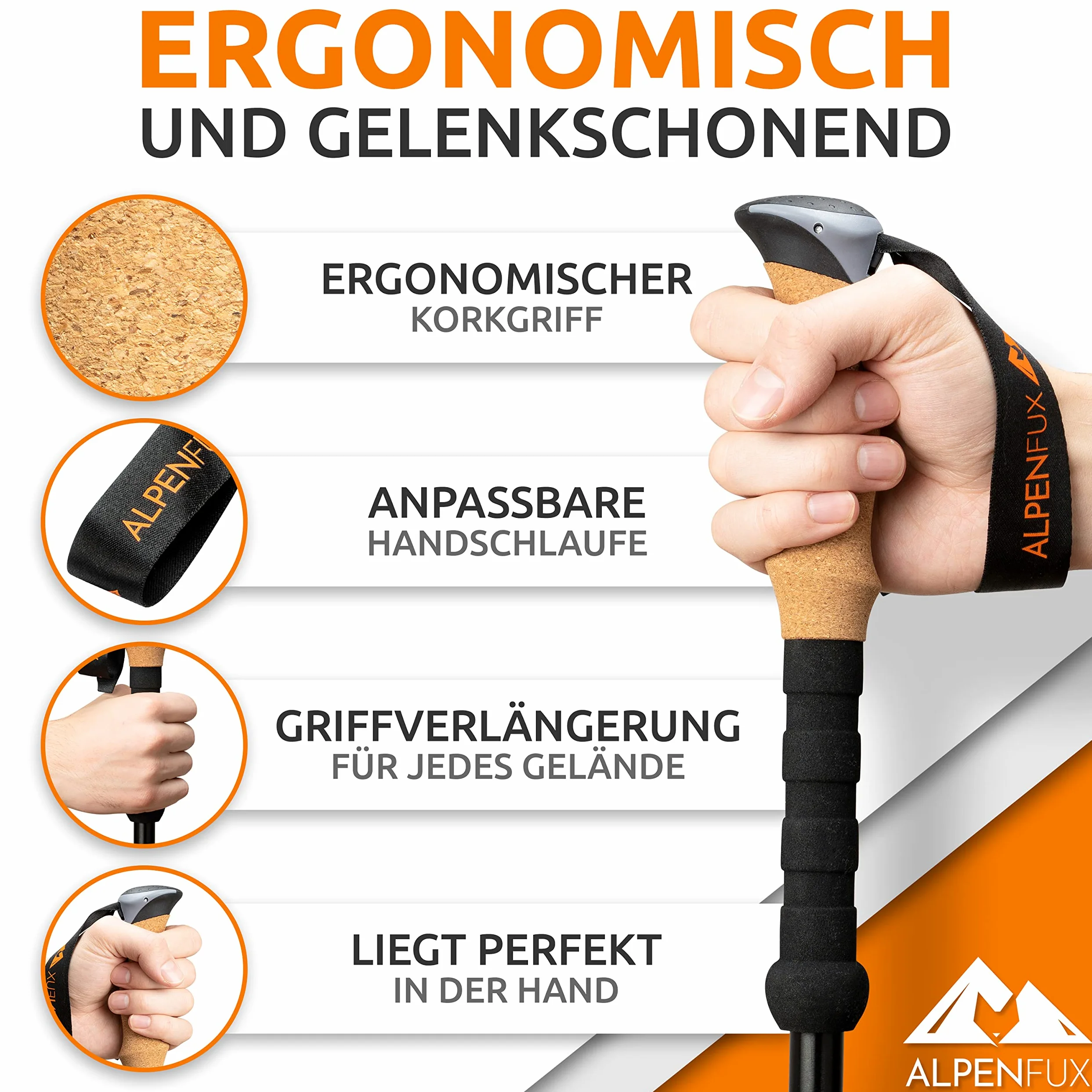 ALPENFUX Bastones de senderismo telescópicos de alta calidad, bastones de trekking, bastones de marcha nórdica, ligeros y ajustables con mango de corcho para hombre y mujer