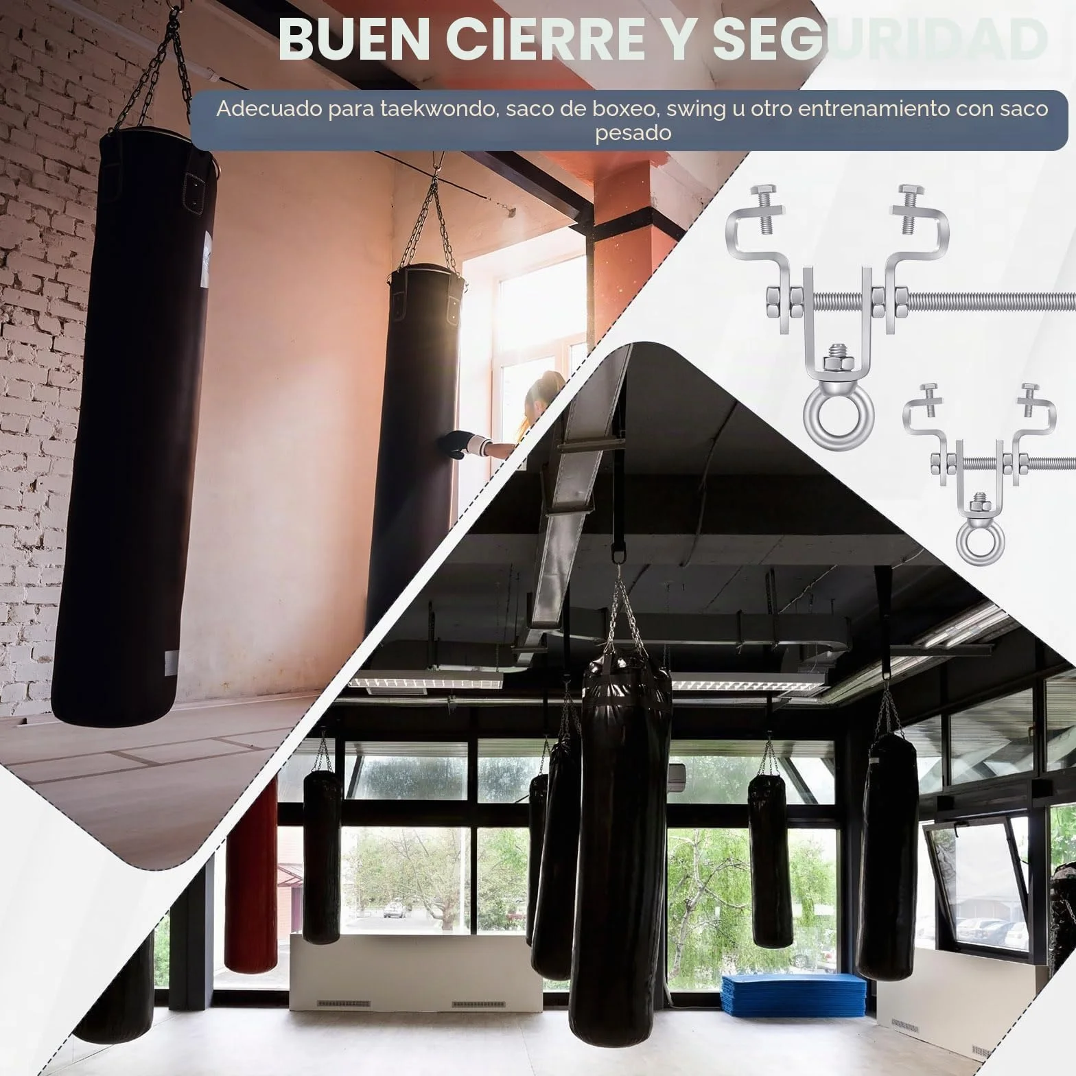2 piezas Abrazadera Ajustable de Acero – Soporte para Saco de Boxeo, para Cargas Pesadas de Hasta 204 kg, Soporte Saco Boxeo Suelo Techo, Ajustable para Viga de 65 mm a 225 mm