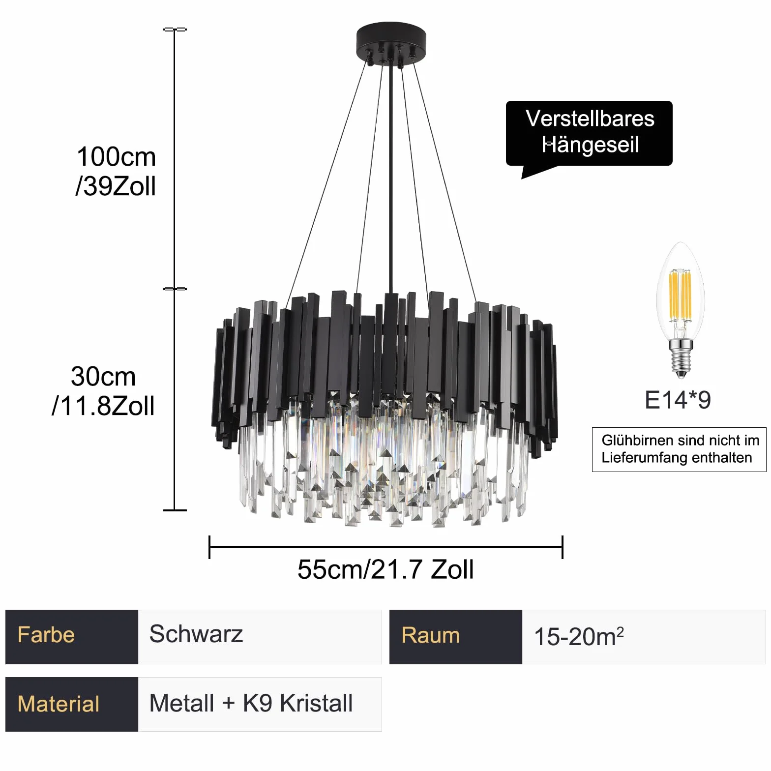 Lámpara de Araña de Cristal Moderna Redonda K9 Colgante 9xE14 Ajustable