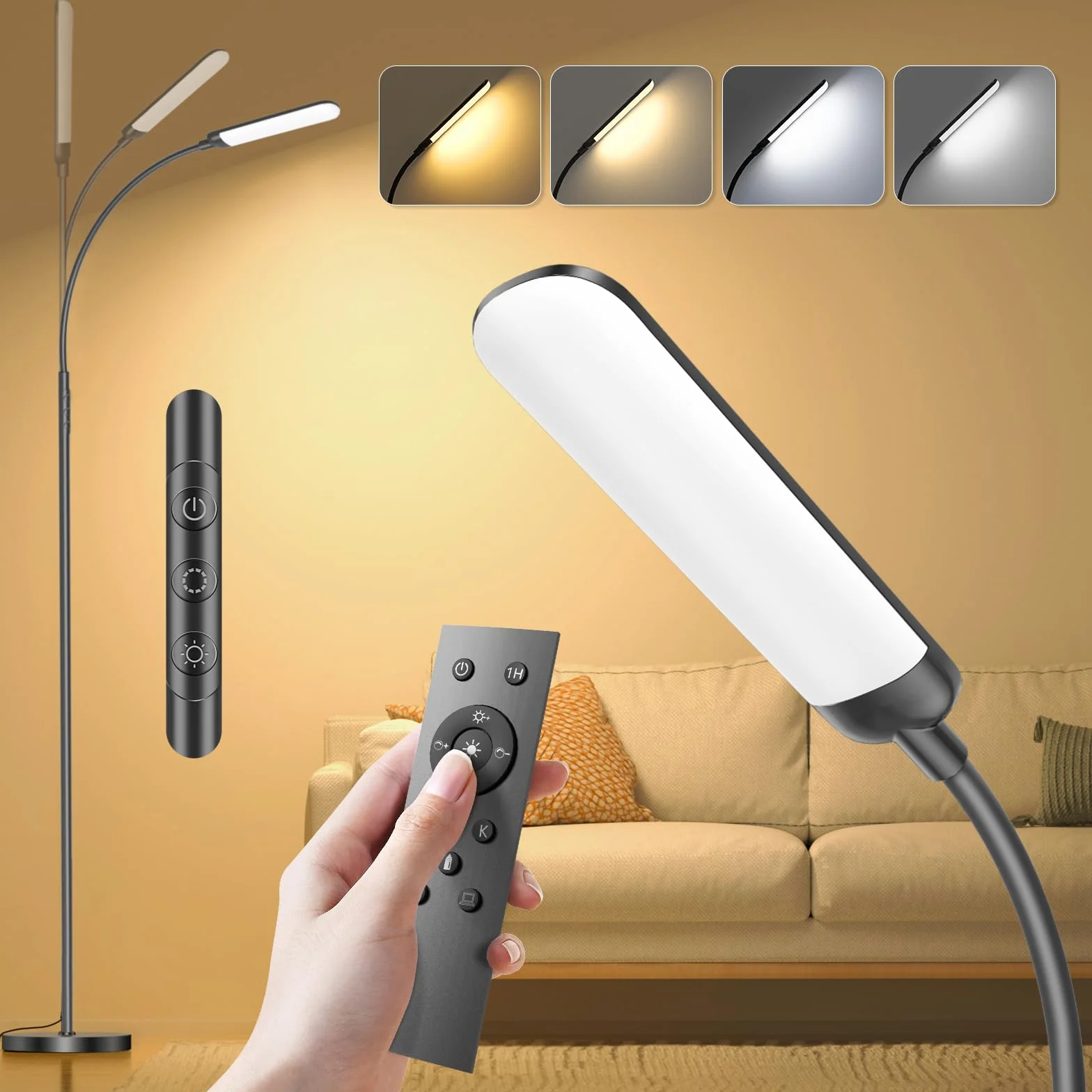 Lámpara de Pie LED Regulable 18W 1200LM Negro con Mando y Control Táctil