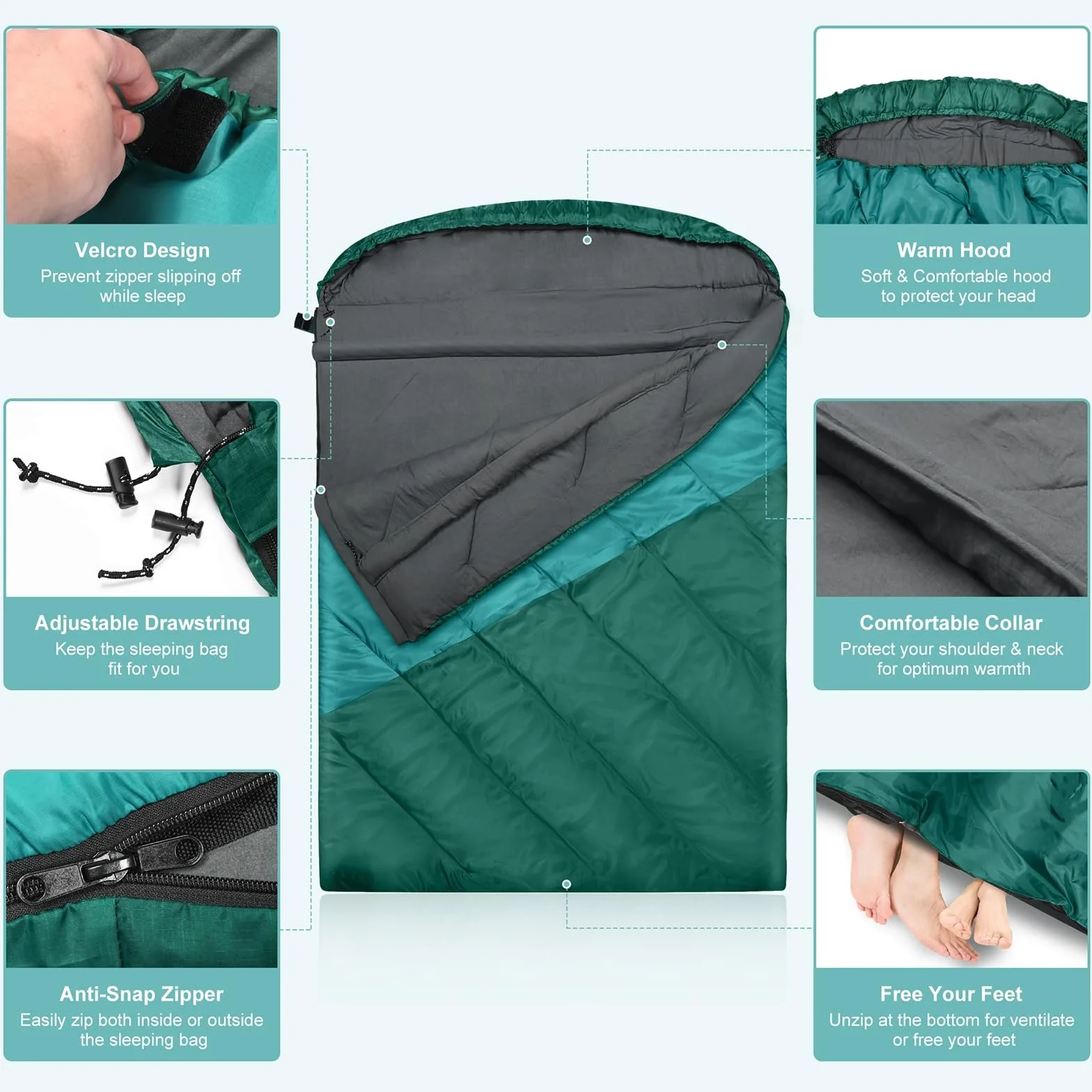 Saco de dormir doble, saco de dormir para 2 personas, tamaño Queen, para adultos, parejas, familia, camping, mochileros, XL, impermeable, ligero, para clima frío y cálido (azul lago)