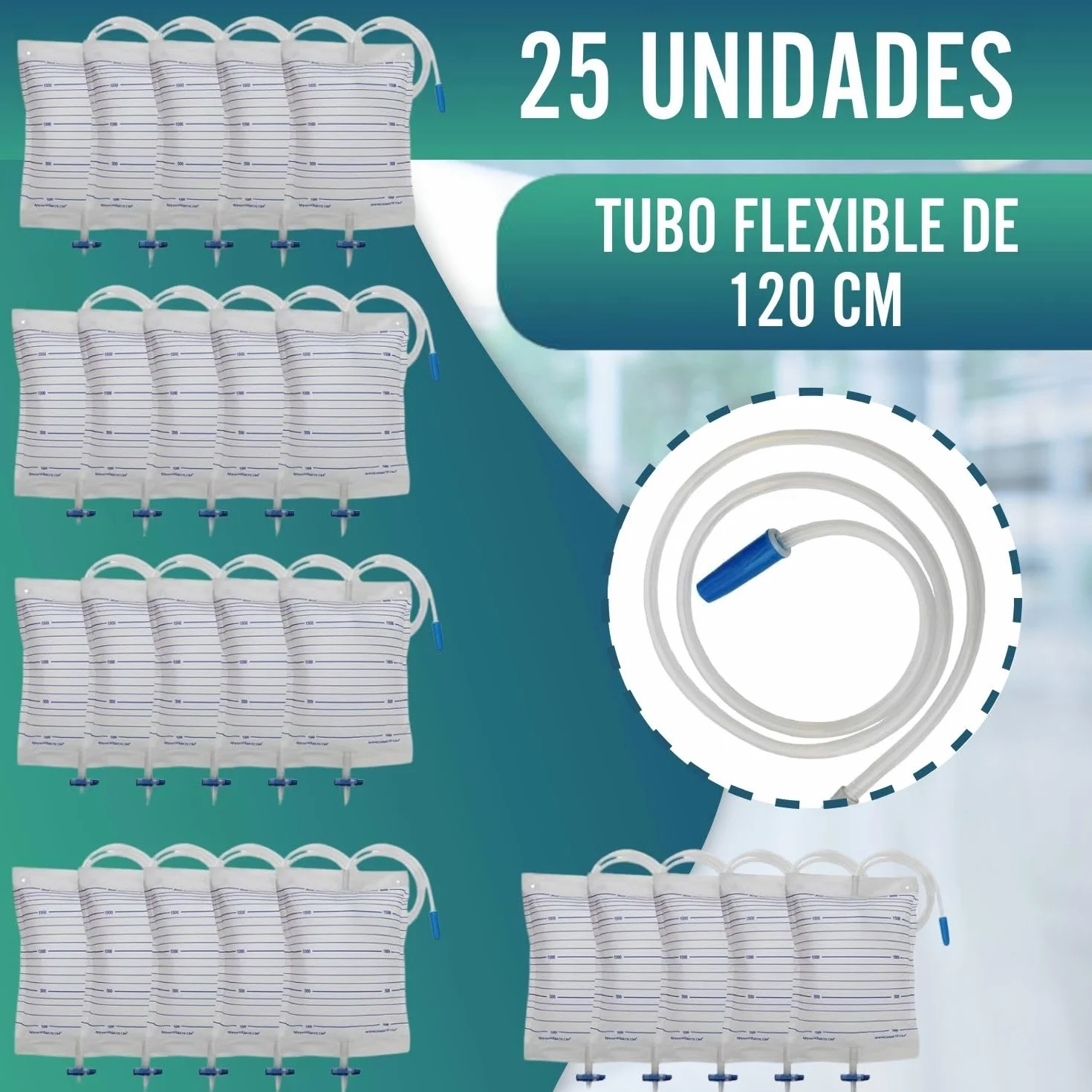 OrtoPrime Bolsa de Orina 2 Litros Válvula Antirreflujo Grifo Tubo 120cm Pack 25 Unidades