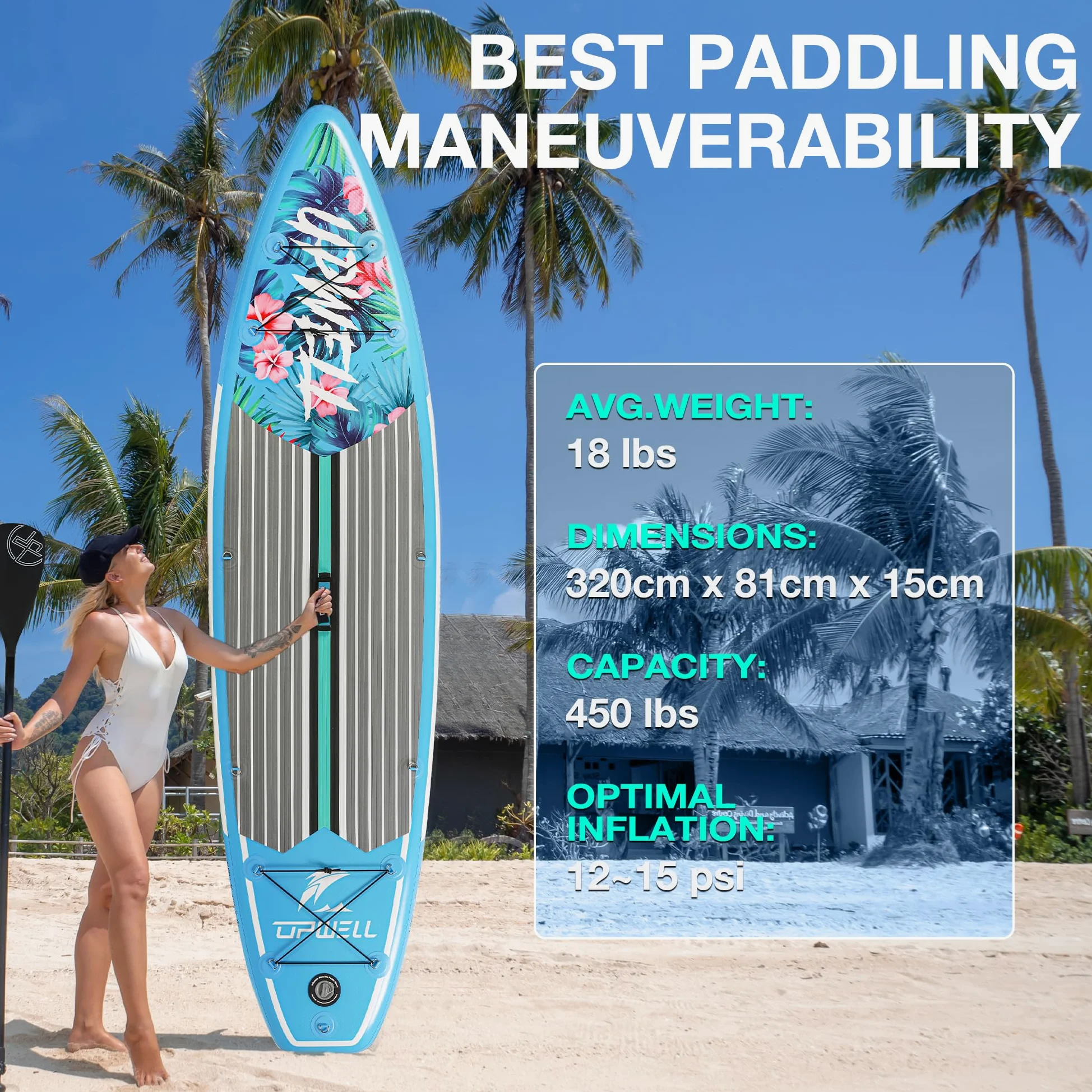 UPWELL 320 cm/335 cm Stand Up Paddle Board Sup inflable con sup Accesorios incluidos asiento para kayak, mochila, remo 2 en 1, correa, bomba de mano, aletas