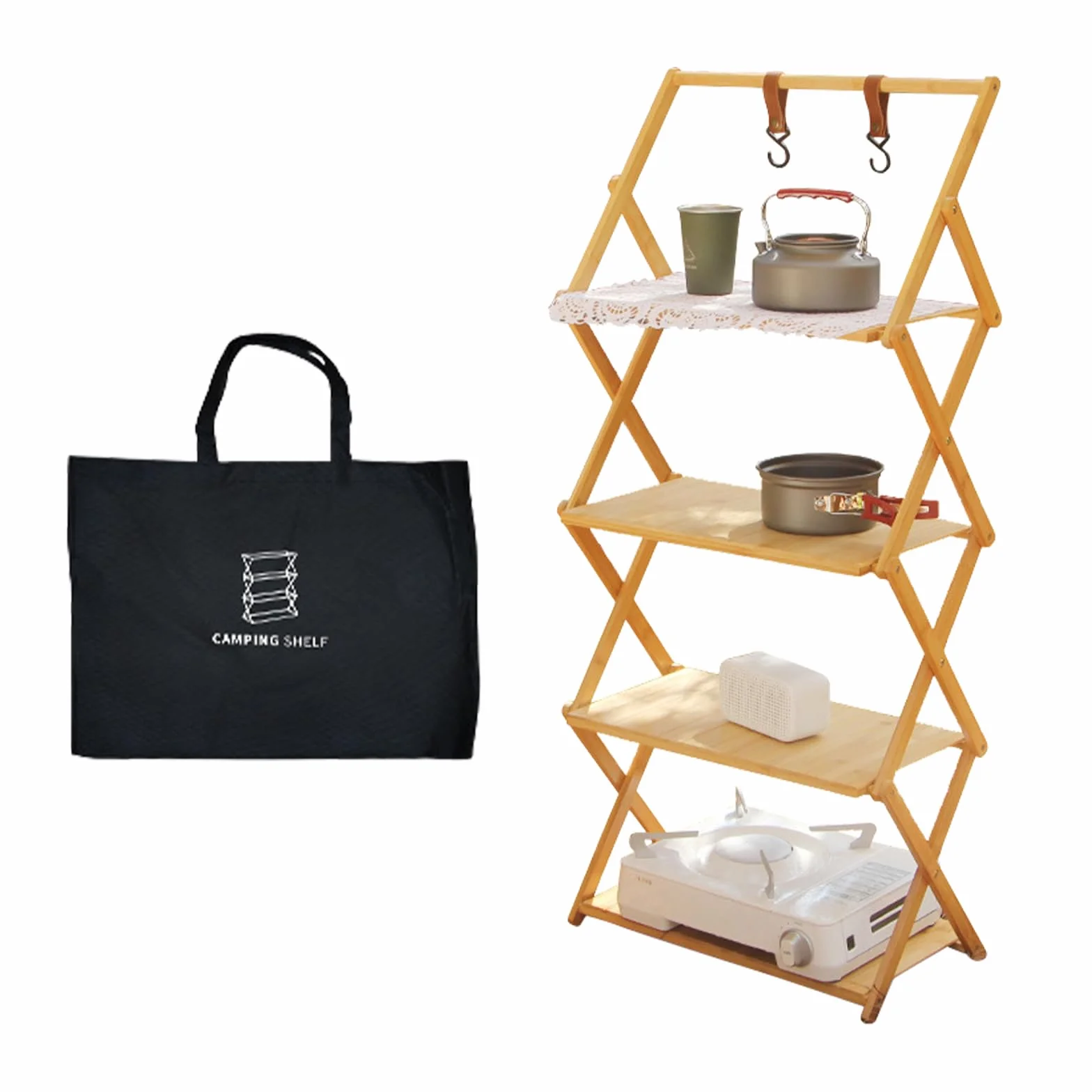 Estantería plegable de bambú, para camping, para exteriores, cocina, camping, barbacoa (4º piso, elevado)