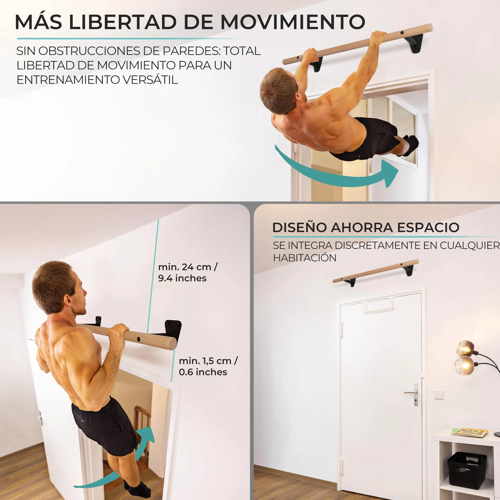 PULLUP & DIP barra de dominadas de madera de haya – para montar en pared sobre el marco de la puerta – barra de 40 mm para dominadas y fuerza de agarre – barra de pared para gimnasio en casa