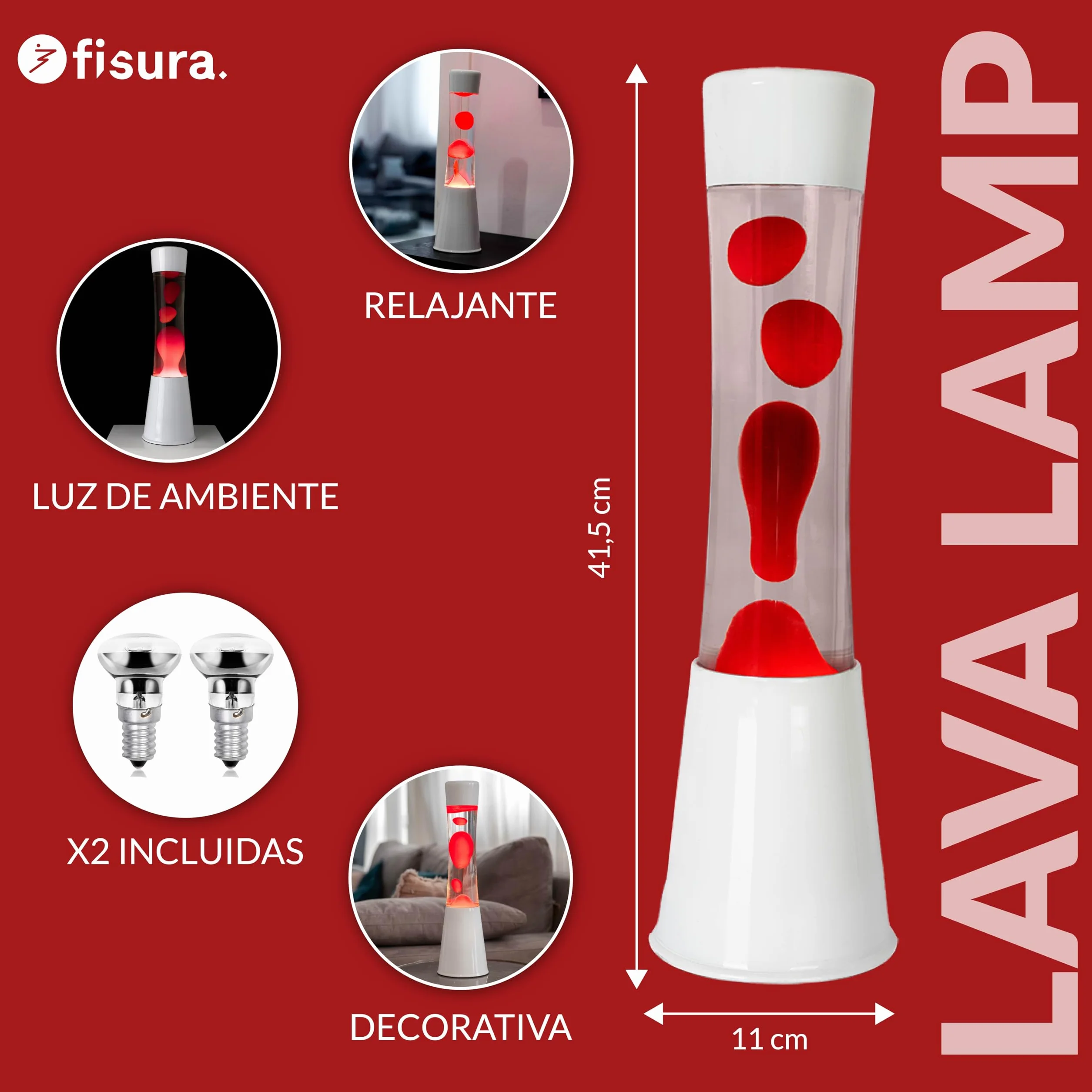 Fisura Lámpara de lava roja y blanca 11 cm x 11 cm x 41,5 cm con bombilla de repuesto