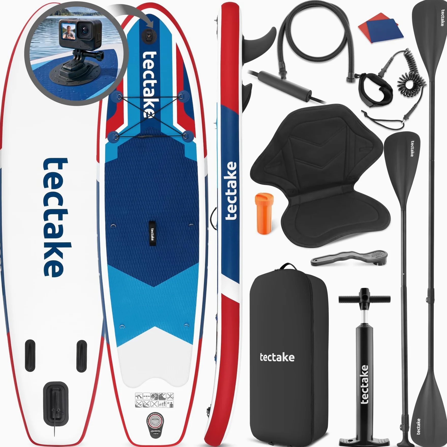 tectake® Tabla Paddle Surf Hinchable, 200 kg, Asiento Kayak, Soporte Cámara | Asiento de Kayak, Capacidad 200 kg, Antideslizante, Drop-Stitch, 288 cm, Resistente, Ligero, Remo Ajustable, SUP, Rojo/Azul