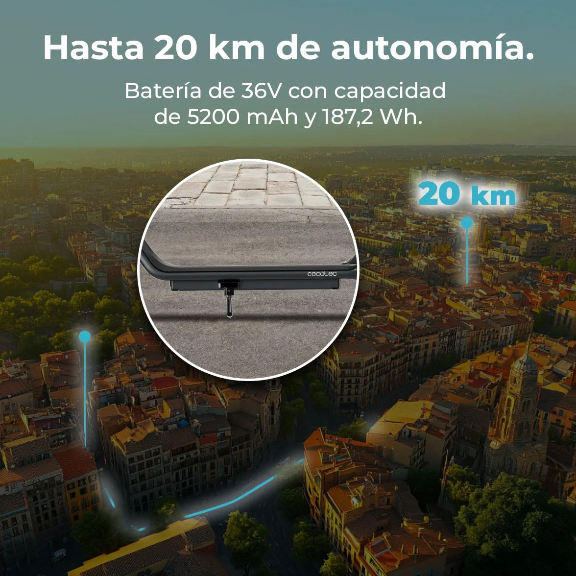 Cecotec Patinete Eléctrico Homologado con App y Acople para Teléfono Bongo D20E Connected, Potencia MAX 500 W, hasta 20km Autonomía, Disco Freno Trasero y E-ABS, Ligero 12,2Kg, Batería 5200mAh, 36V