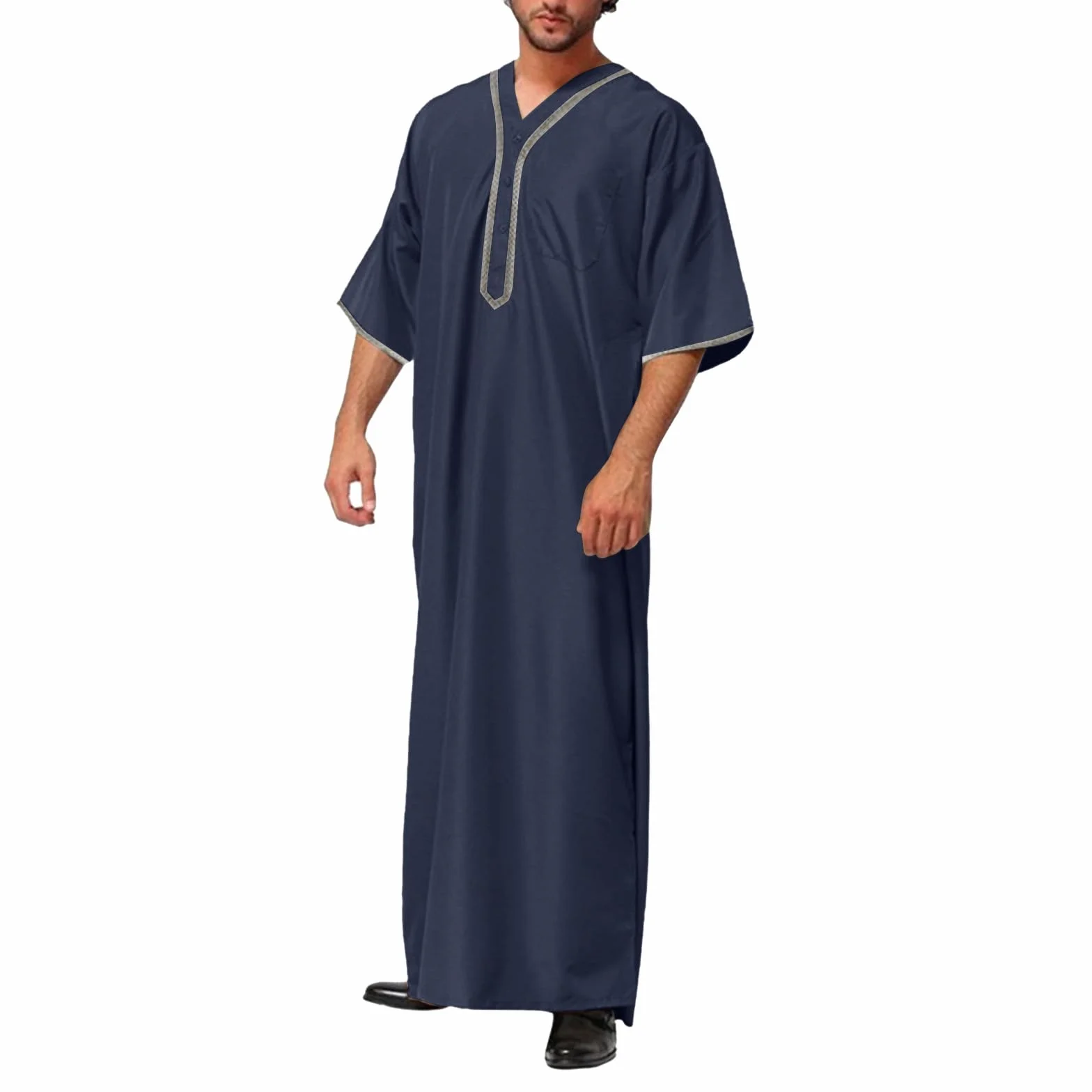 Caftán Hombre Algodón Lino Verano Jilbab Cuello en V Abaya Musulmán Árabe Islámico Ropa Ramadán