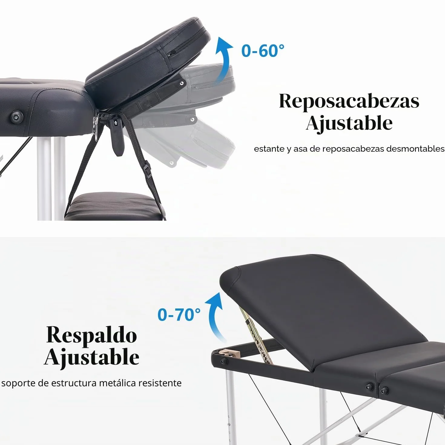 Camilla de Masaje Plegable Ajustable en Altura 3 Zonas Aluminio 186 x 60 cm Negro