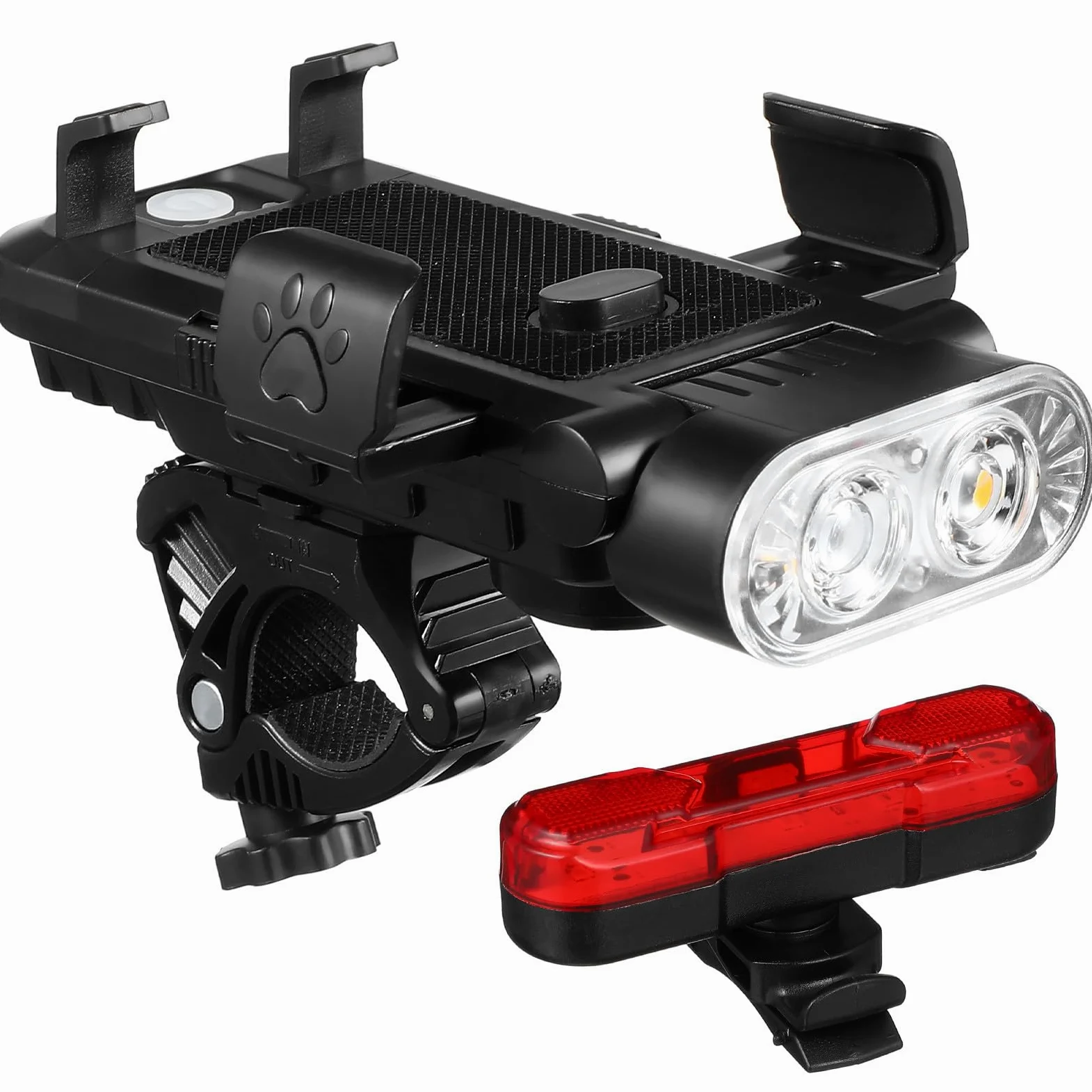 SECFOU Juego de Luces para Bicicleta de Montaña Faro Delantero Recargable USB, Luz Trasera, Soporte Ajustable para Teléfono de 4,5 a 6,5 Pulgadas y Batería Externa de 4000 Mah