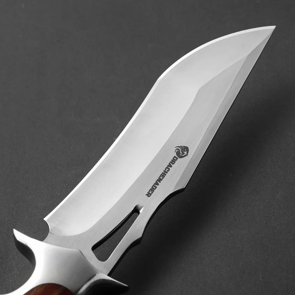 DRACHENADER cuchillo de cinturón cuchillo de supervivencia cuchillo de caza cuchillo grande, muy afilado bushcraft hoja fija con funda de cuero genuino, mango de madera