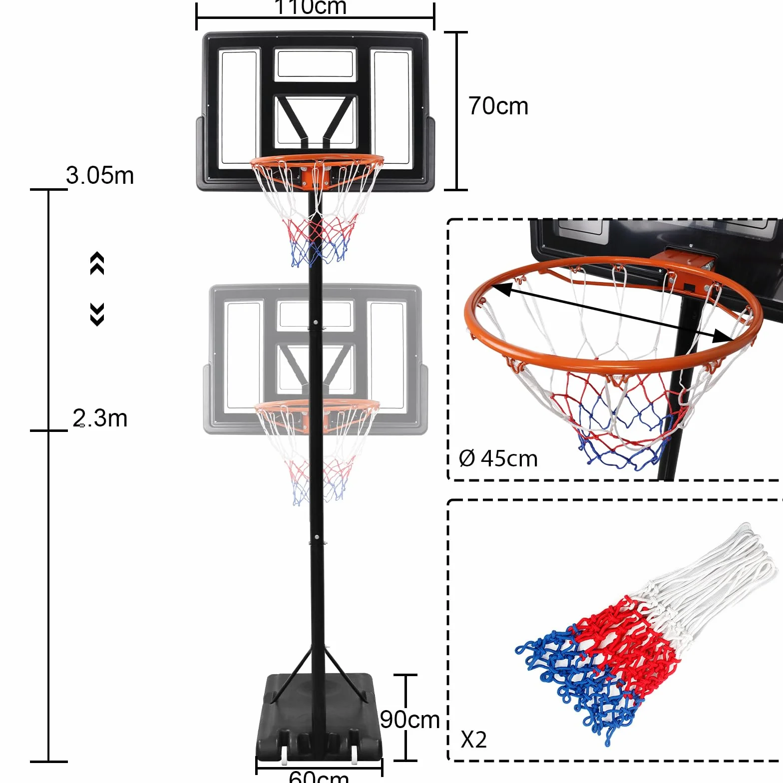 FIVMEN Canasta de Baloncesto Portatil para Niños, Altura Ajustable 230-305 cm, Cesta con Ruedas y Soporte, Sistema para Interiores o Exteriores