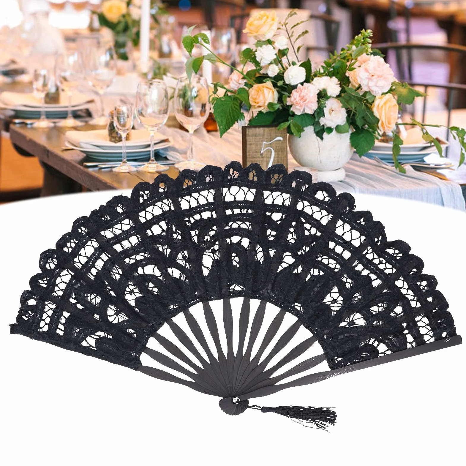 TOPINCN Abanico de Mano Plegable de Encaje de Algodón Abanico de Mano Nupcial Bordado con Bastones de bambú para la Decoración de la Boda Fiesta de Baile (Negro)