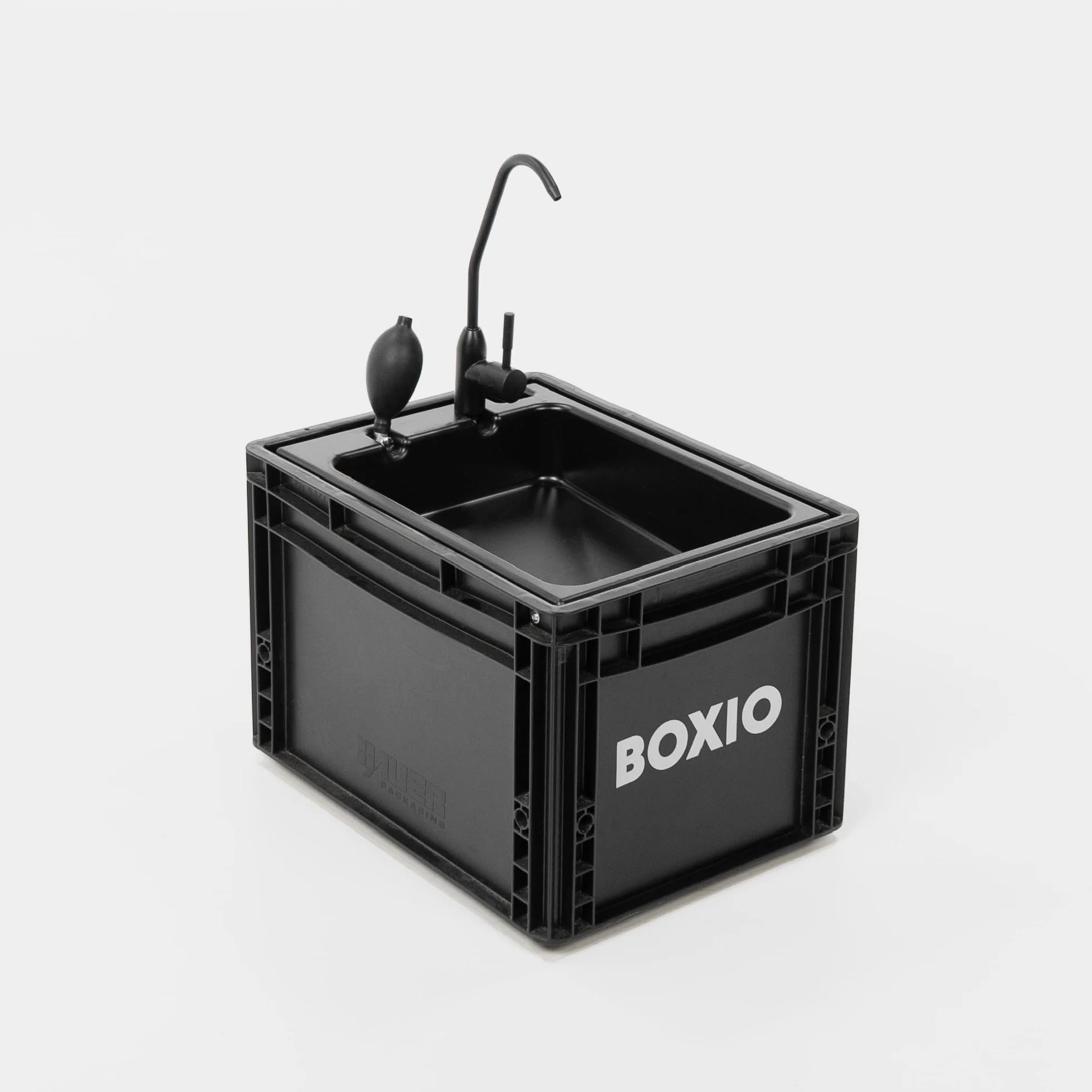 BOXIO Lavabo Portátil Camping con Bomba de Agua Manual, Fregadero para Furgoneta, Grifo Portatil Camping, Fregadero de Jardín, Lavamanos Portatil, Lavabo Caravana de Plástico Negro, 400 x 300 mm